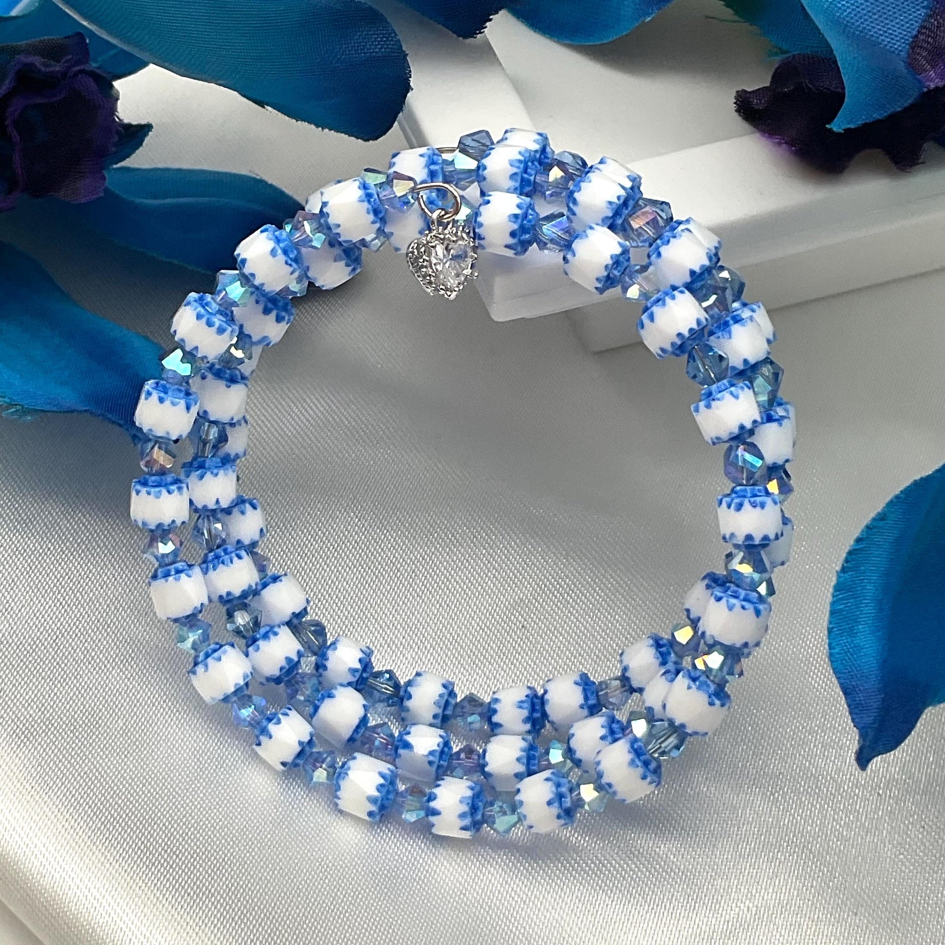 Blue and White Beaded Bracelet with Blue Crystal Accents