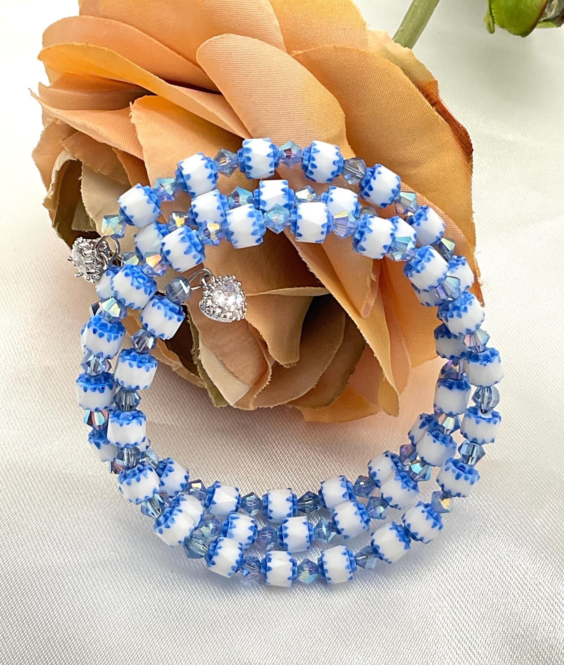 Blue and White Beaded Bracelet with Blue Crystal Accents