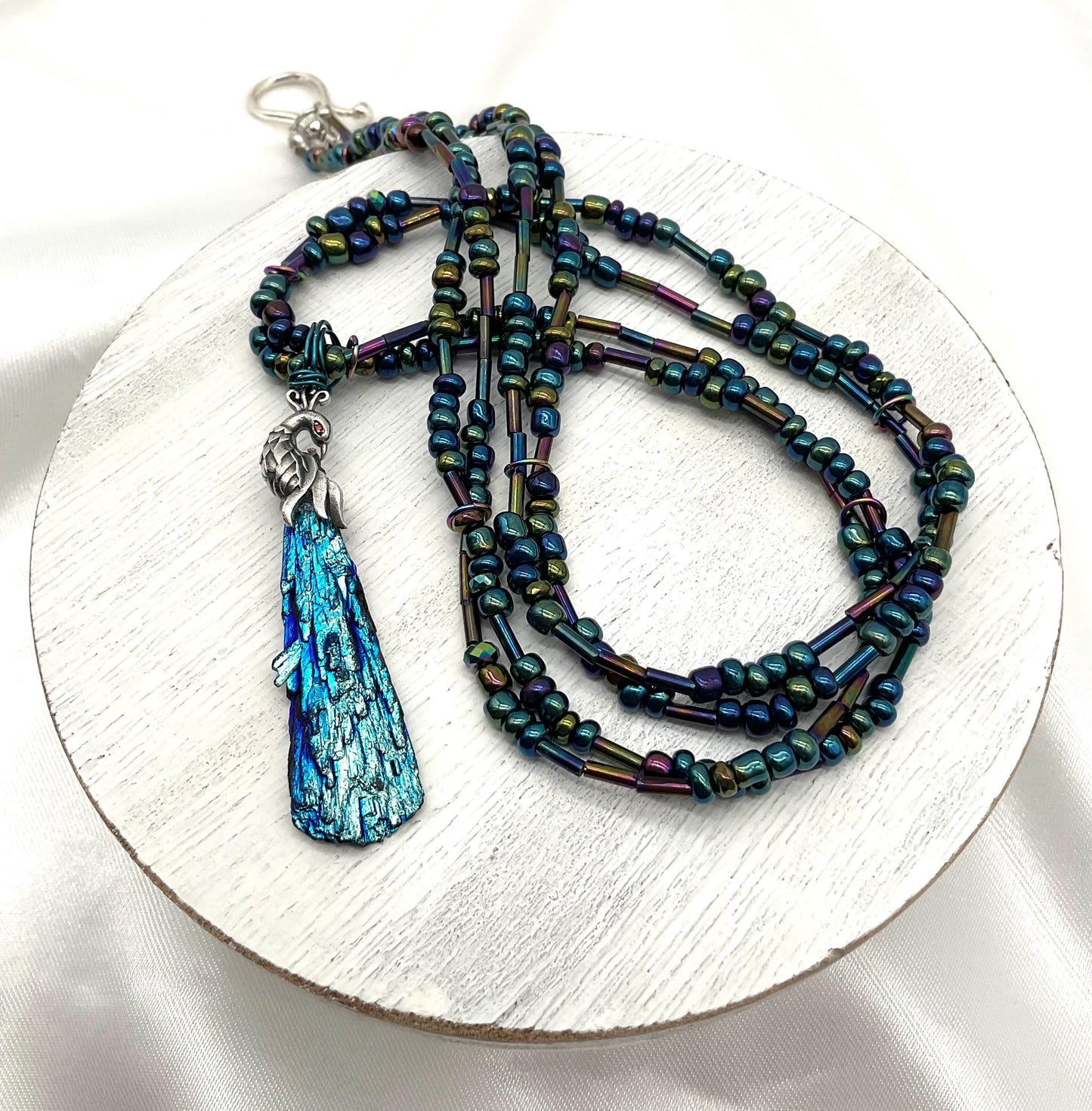 Titanium Wood Irridescent Seed Bead Turquoise Peacock Green Purple Necklace