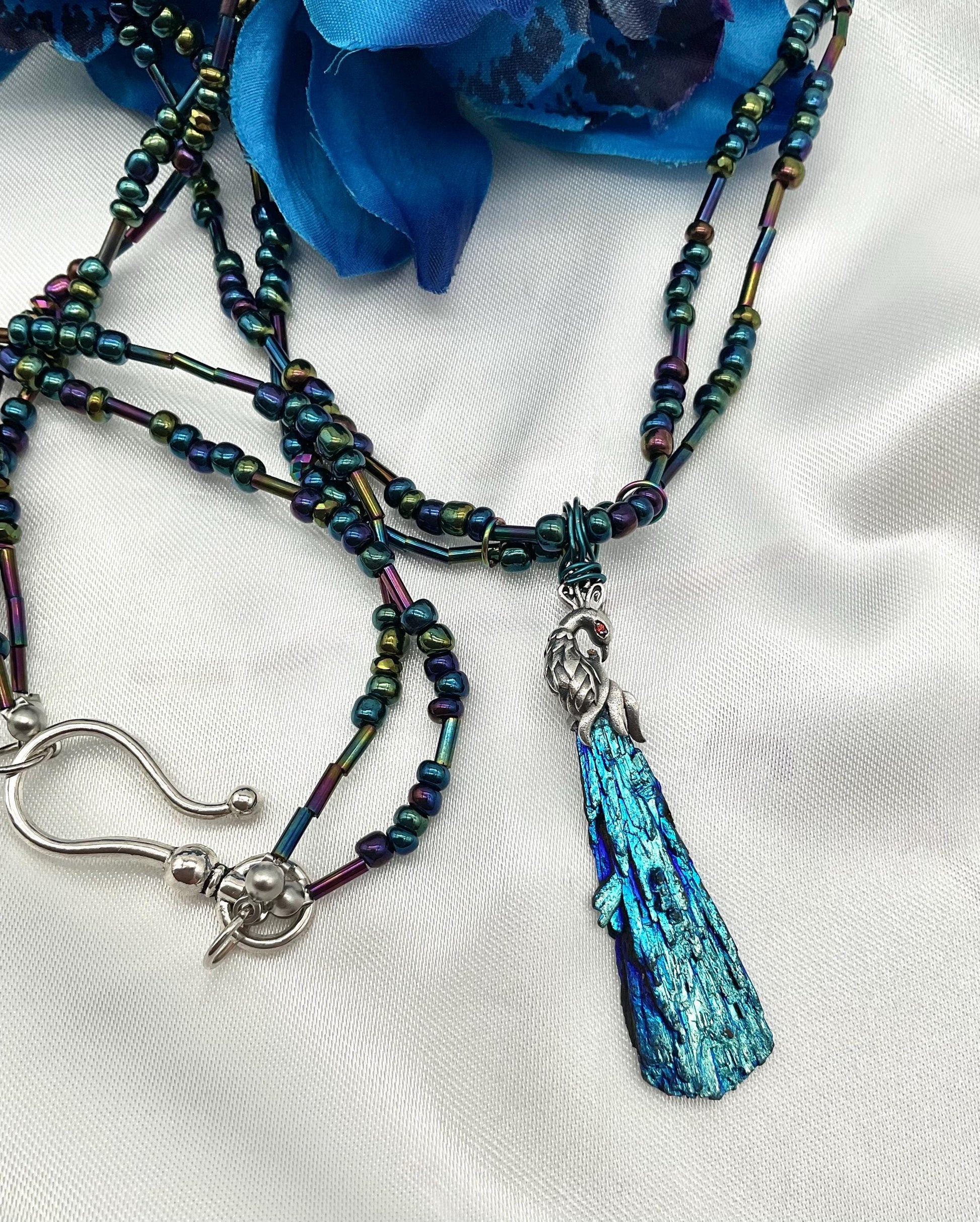 Titanium Wood Irridescent Seed Bead Turquoise Peacock Green Purple Necklace