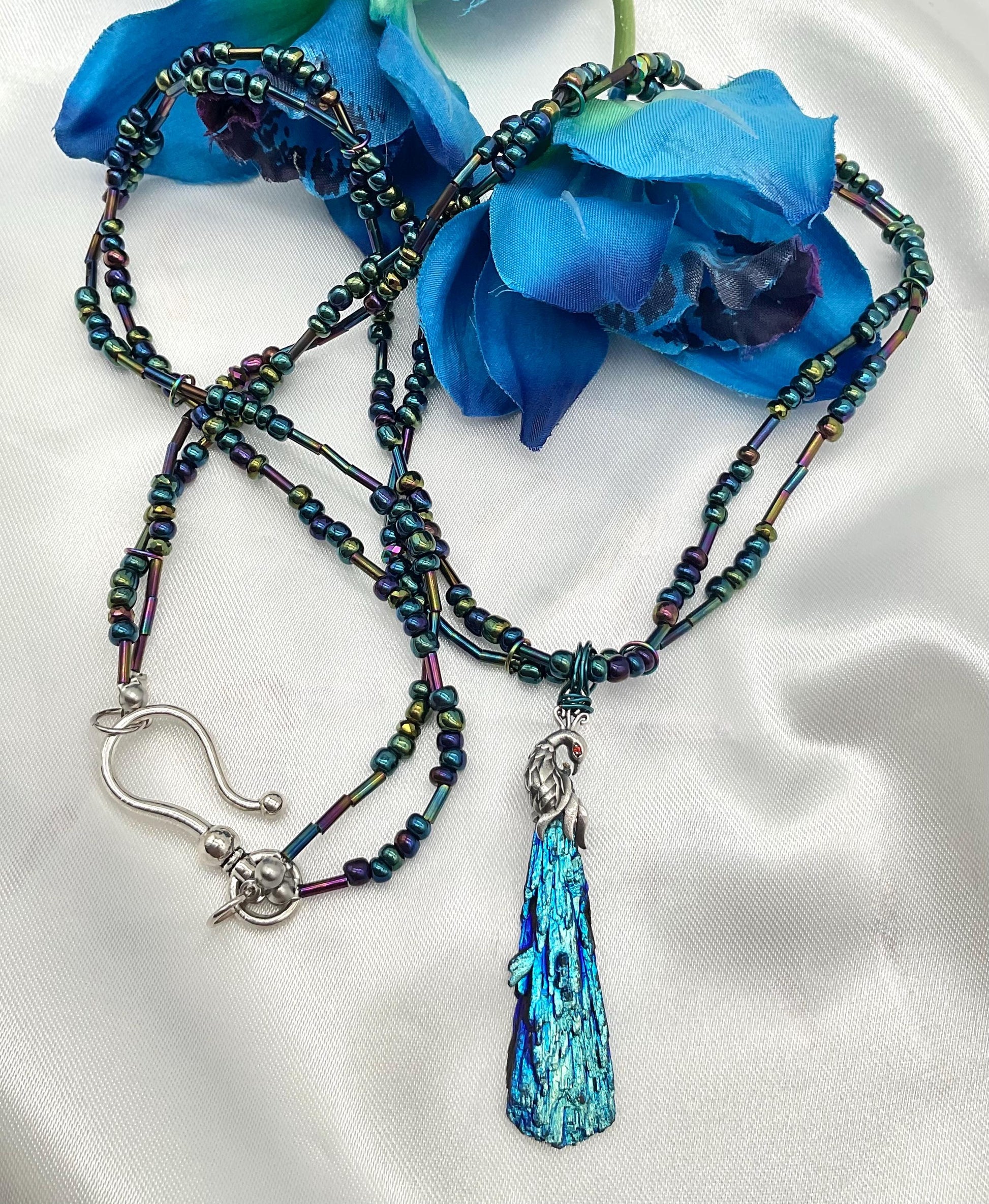 Titanium Wood Irridescent Seed Bead Turquoise Peacock Green Purple Necklace