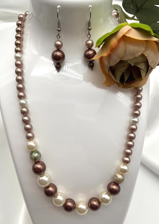 Tan / Bronze / Brown Pearl Necklace 18” with Matching Earrings