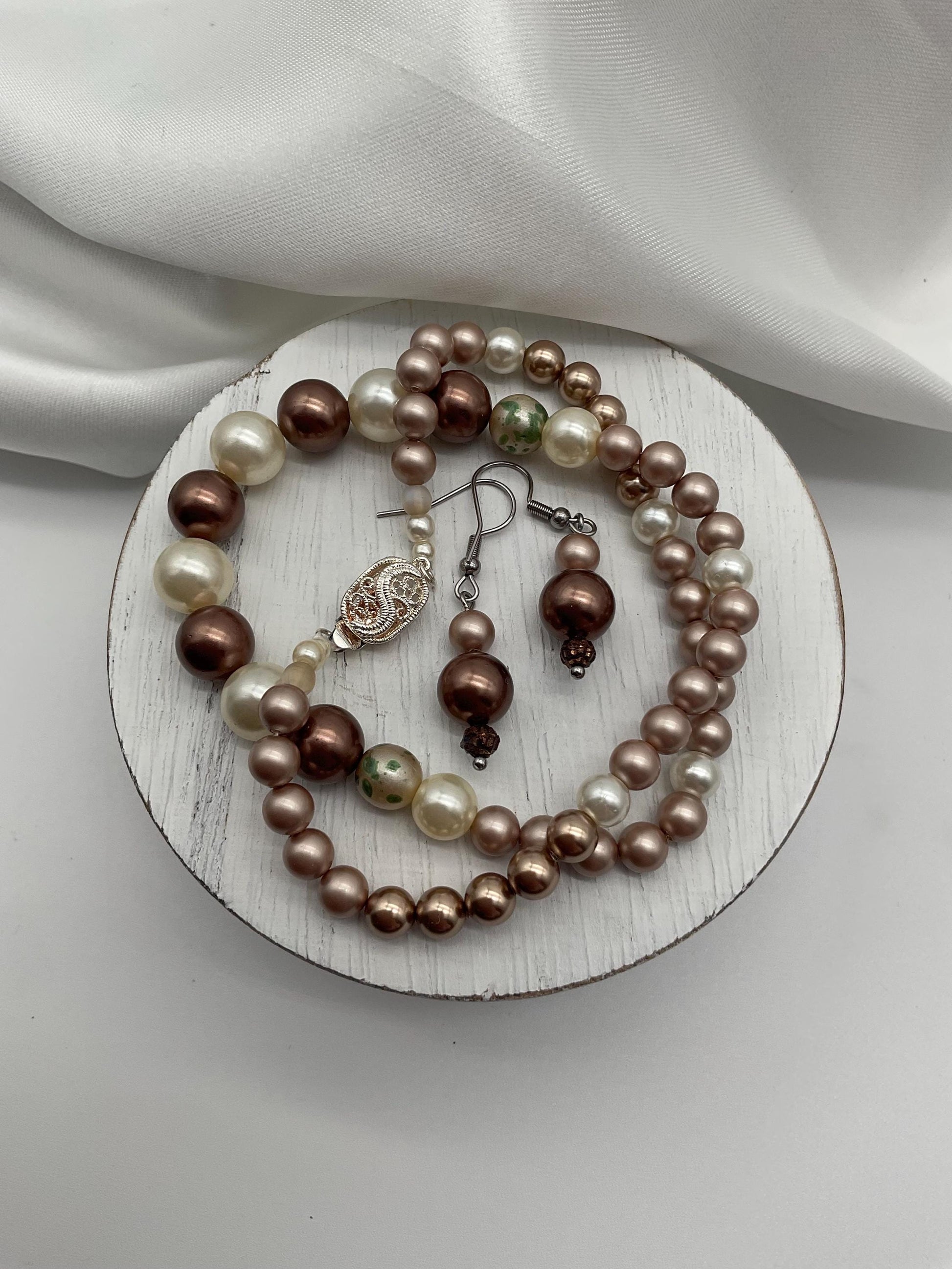 Tan / Bronze / Brown Pearl Necklace 18” with Matching Earrings