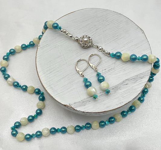 Turquoise - Beige Pearl Necklace 18” with Matching Earrings - Wedding Bridal Prom Jewelry