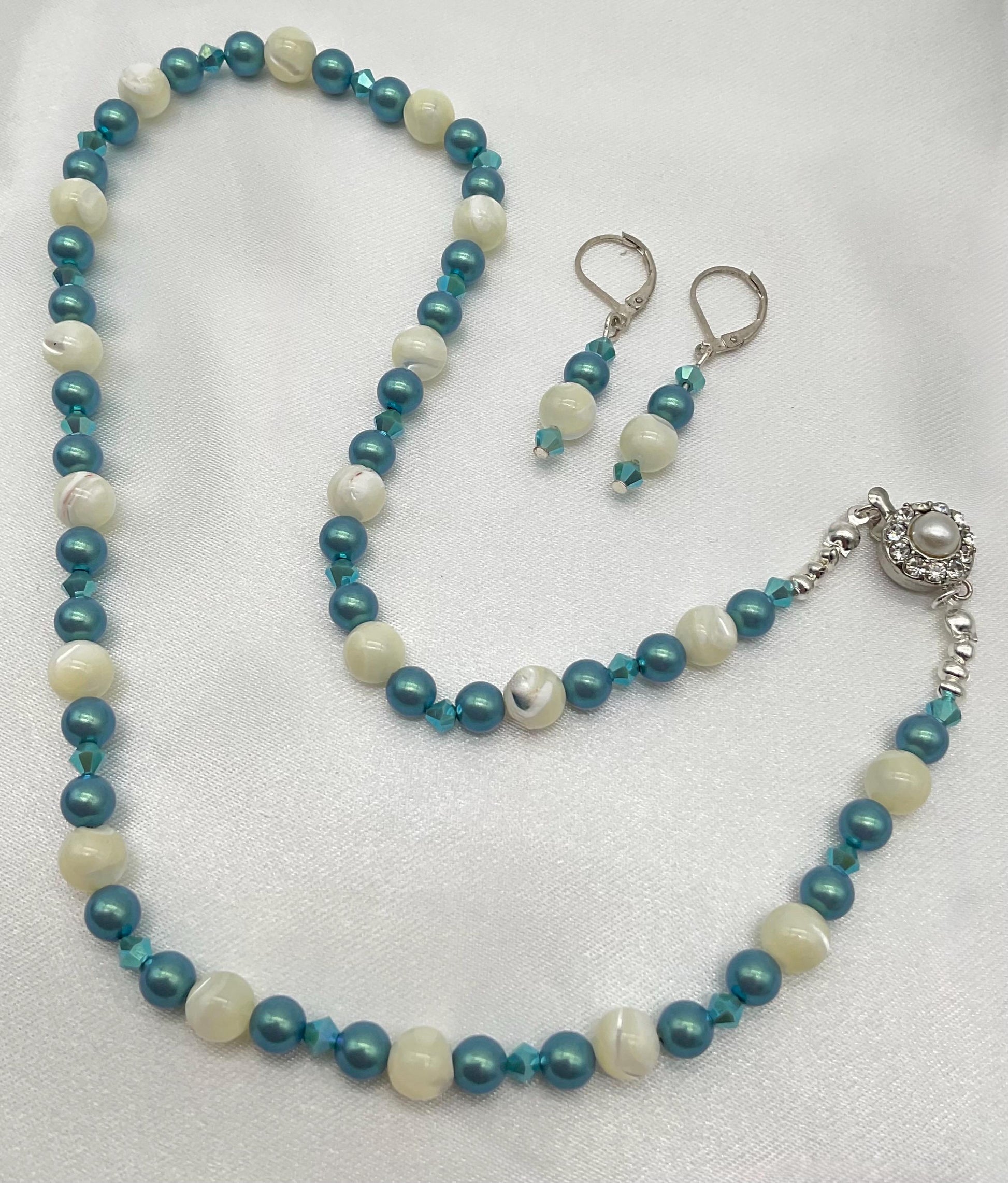 Turquoise - Beige Pearl Necklace 18” with Matching Earrings - Wedding Bridal Prom Jewelry