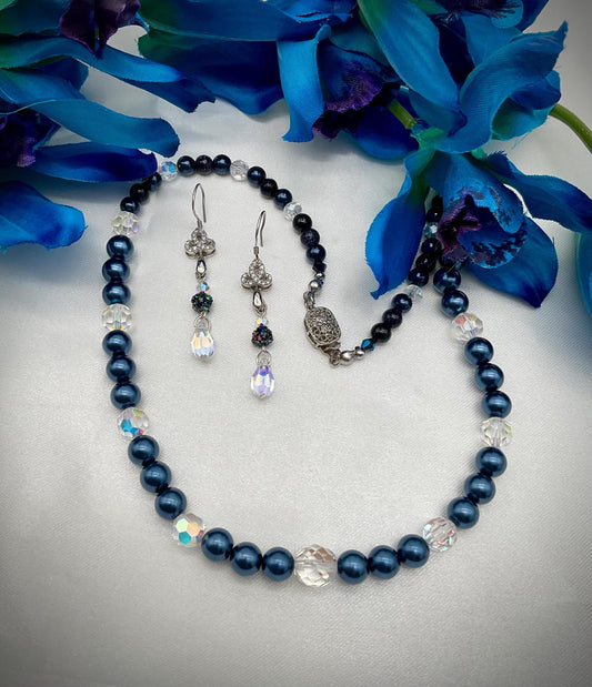Navy Blue Pearl Necklace 18” CRYSTAL Accents and Matching Earrings - Wedding Bridal Prom Jewelry