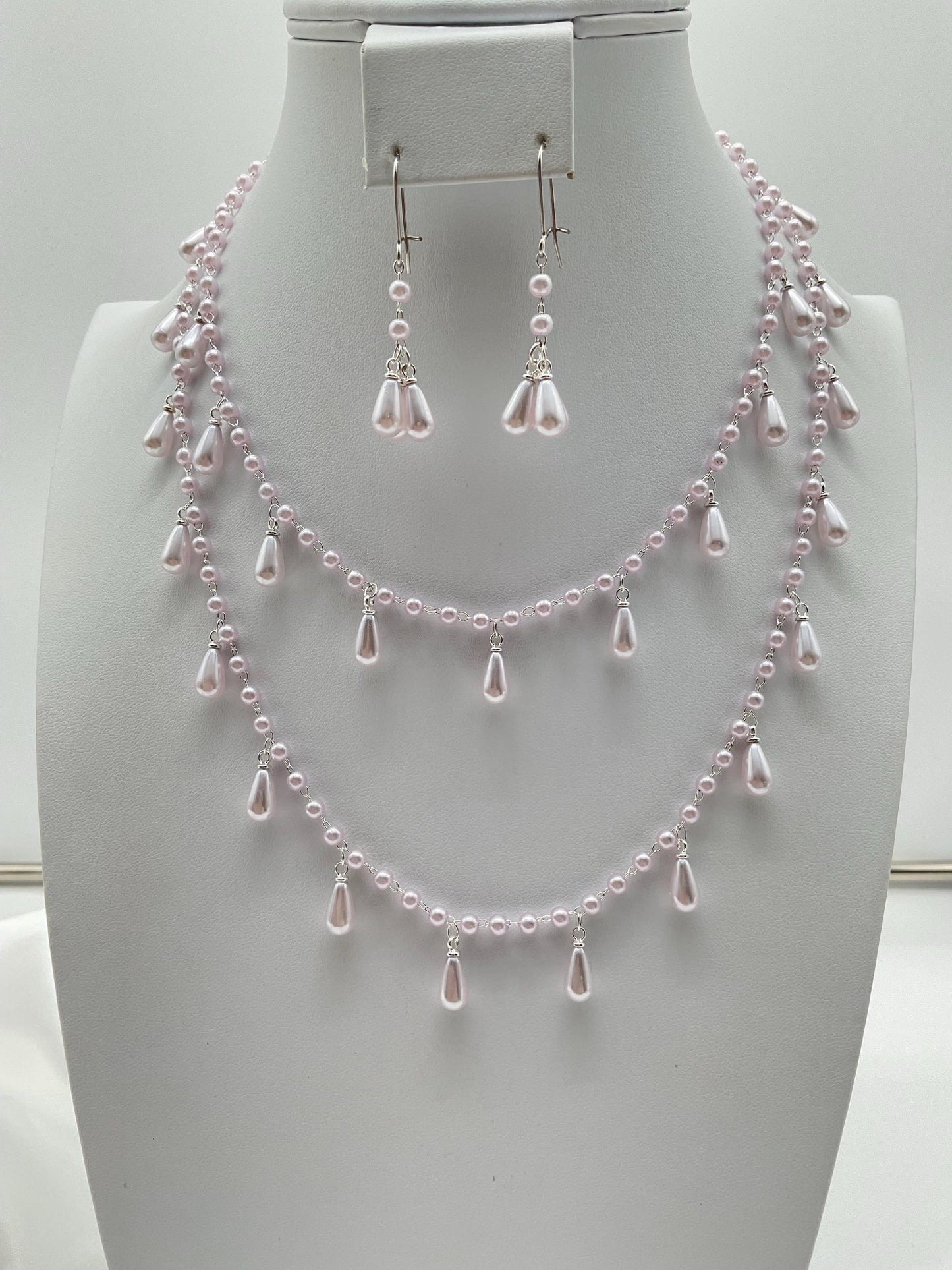 Double String Teardrop Lavender Pearl Necklace and Earring Set - Wedding Bridal Prom Formal Jewelry