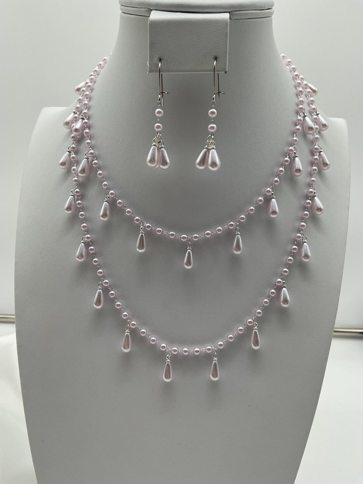 Double String Teardrop Lavender Pearl Necklace and Earring Set - Wedding Bridal Prom Formal Jewelry