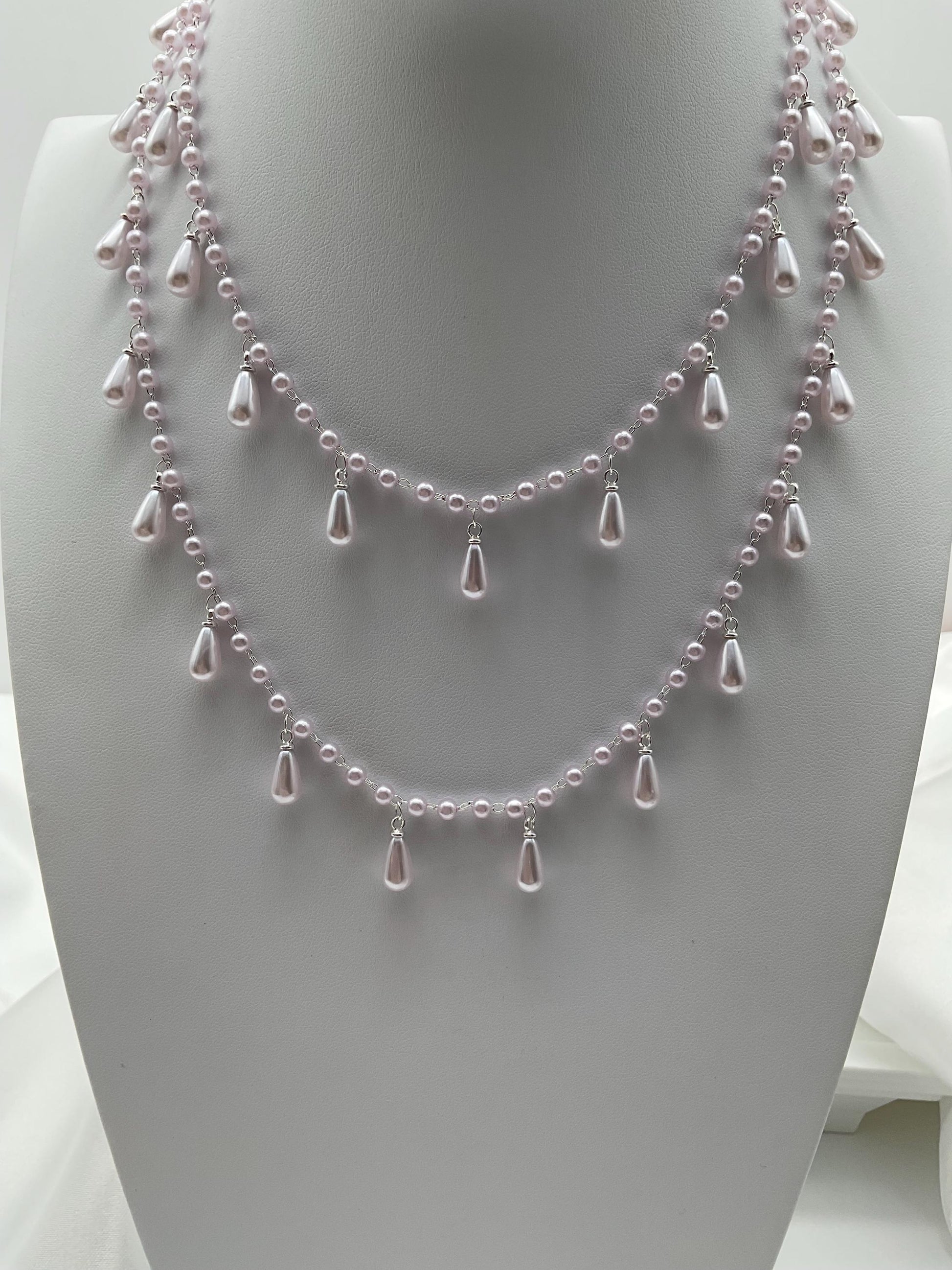 Double String Teardrop Lavender Pearl Necklace and Earring Set - Wedding Bridal Prom Formal Jewelry