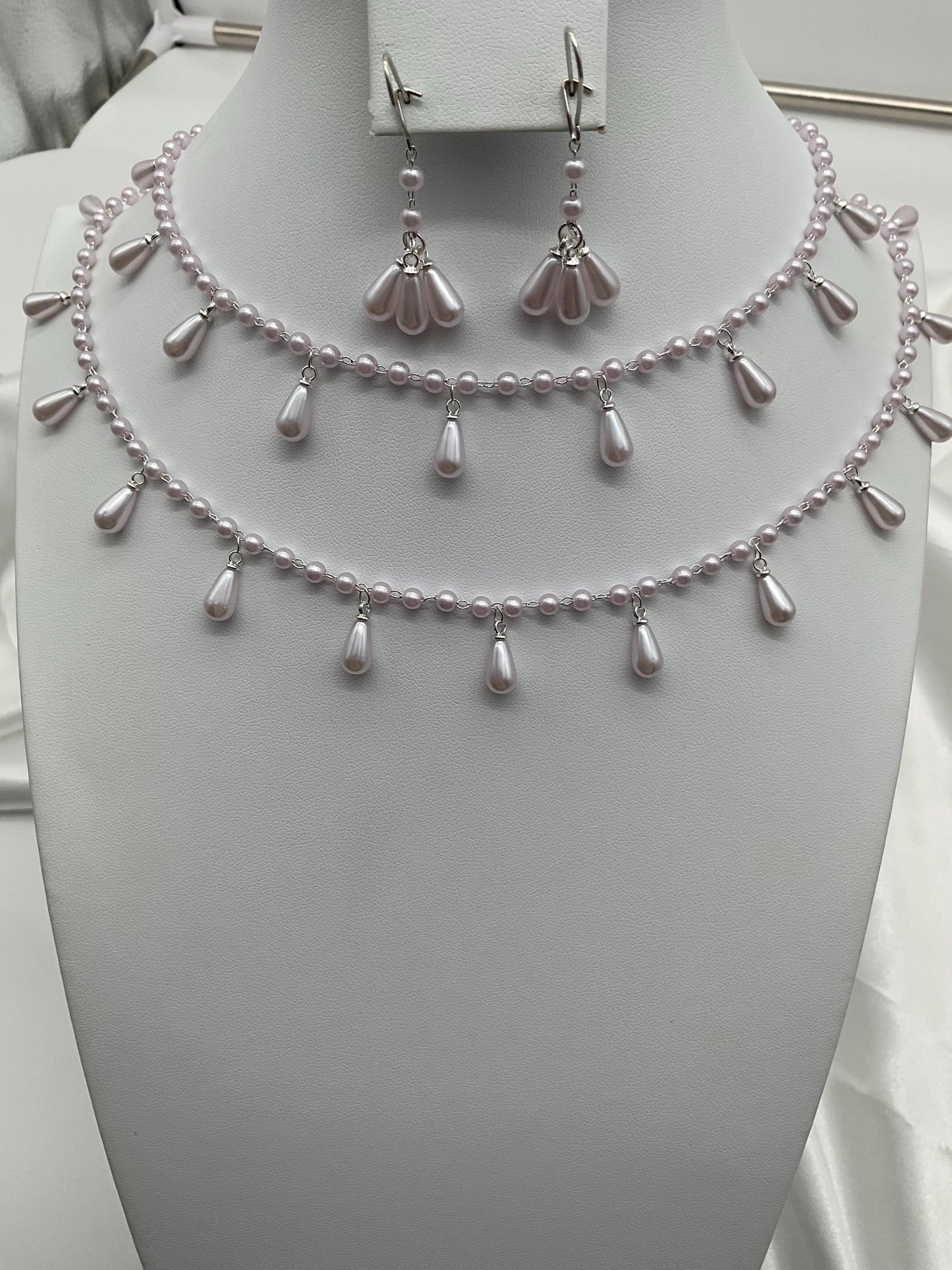 Double String Teardrop Lavender Pearl Necklace and Earring Set - Wedding Bridal Prom Formal Jewelry