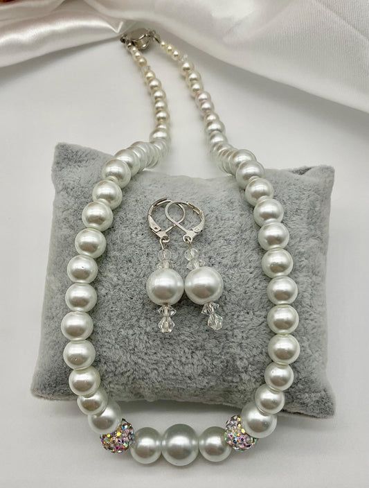 White Pearl Necklace 18” with Matching Earrings Wedding Bridal Prom Jewelry