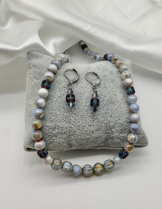 Blue Swirl Pearl Necklace 18” with Matching Earrings Wedding Bridal Prom Jewelry