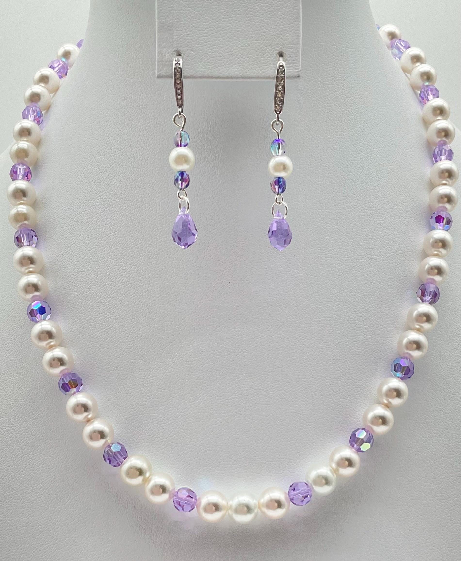 Assorted Colors Crystal and Pearl Necklace with Matching Earrings - Bridal Wedding Prom Formal Jewelry Pink, Lavender, Green, Blue, R. Blue