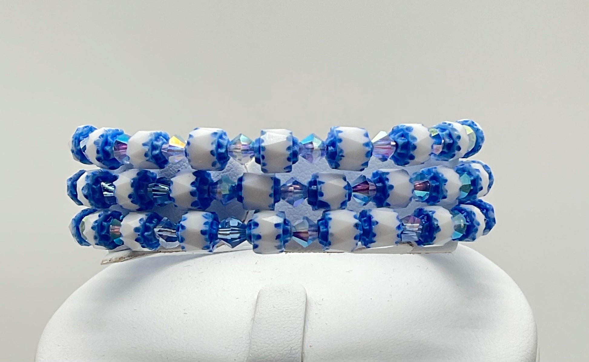 Blue and White Beaded Bracelet with Blue Crystal Accents