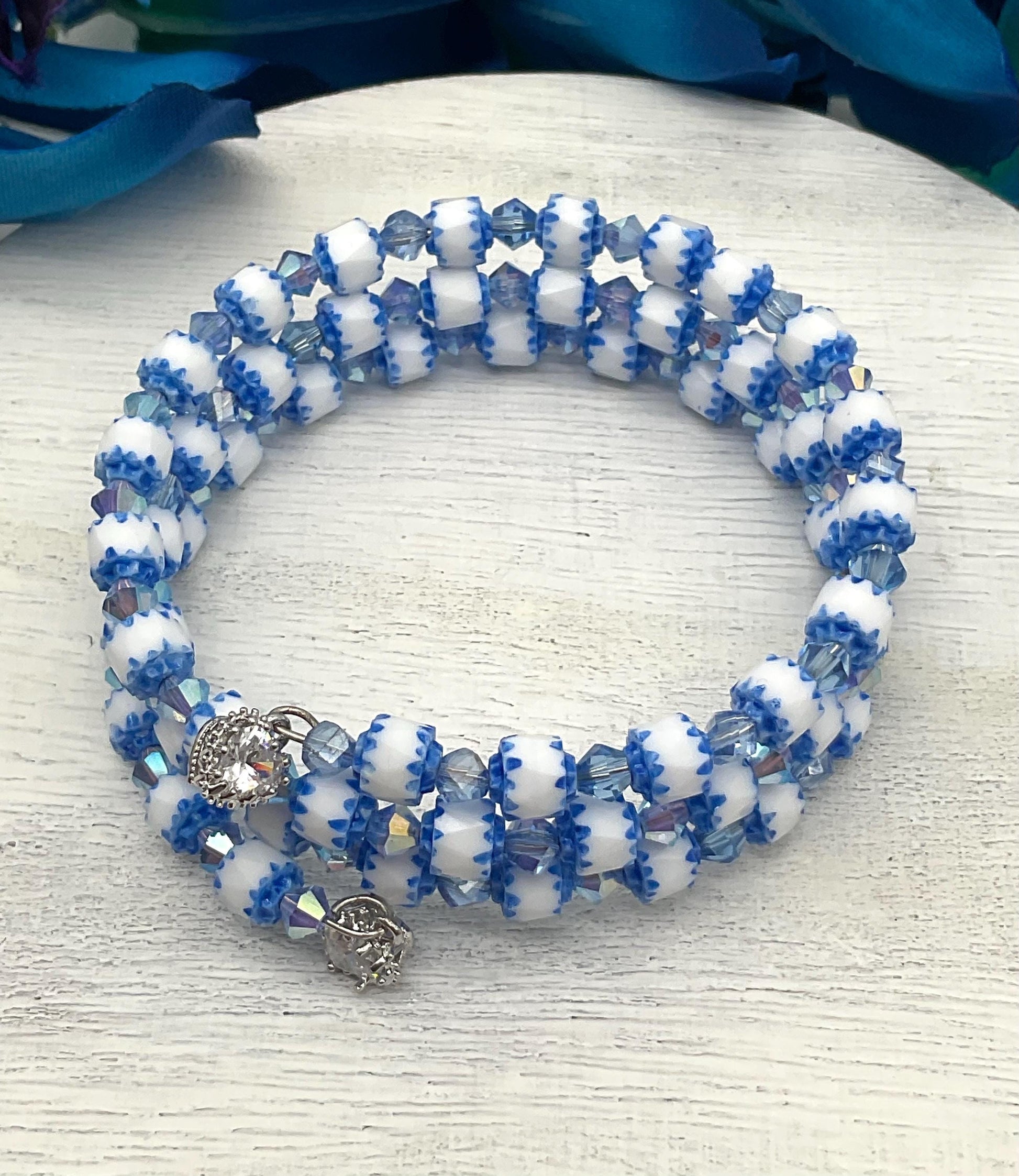 Blue and White Beaded Bracelet with Blue Crystal Accents