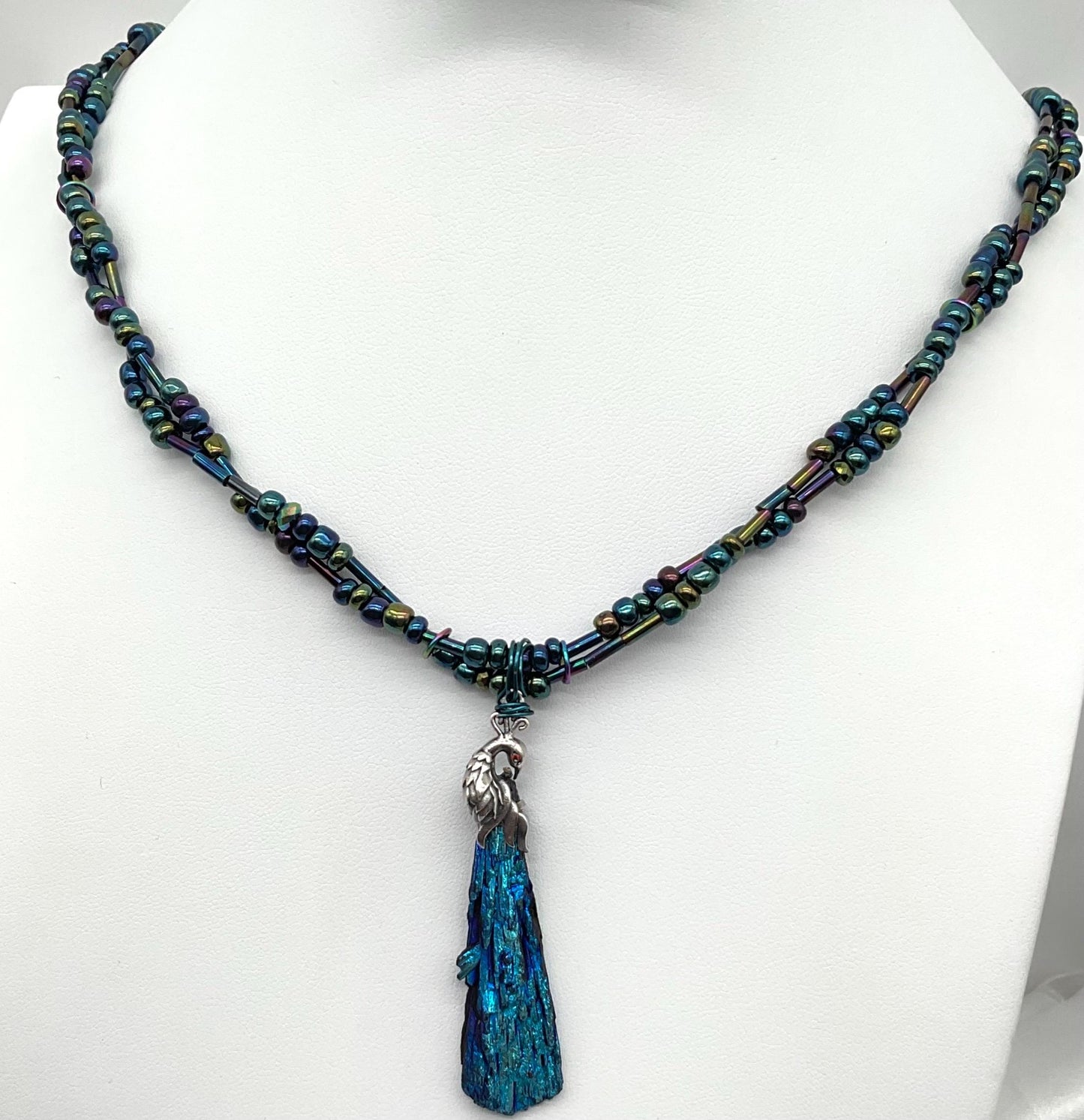 Titanium Wood Irridescent Seed Bead Turquoise Peacock Green Purple Necklace