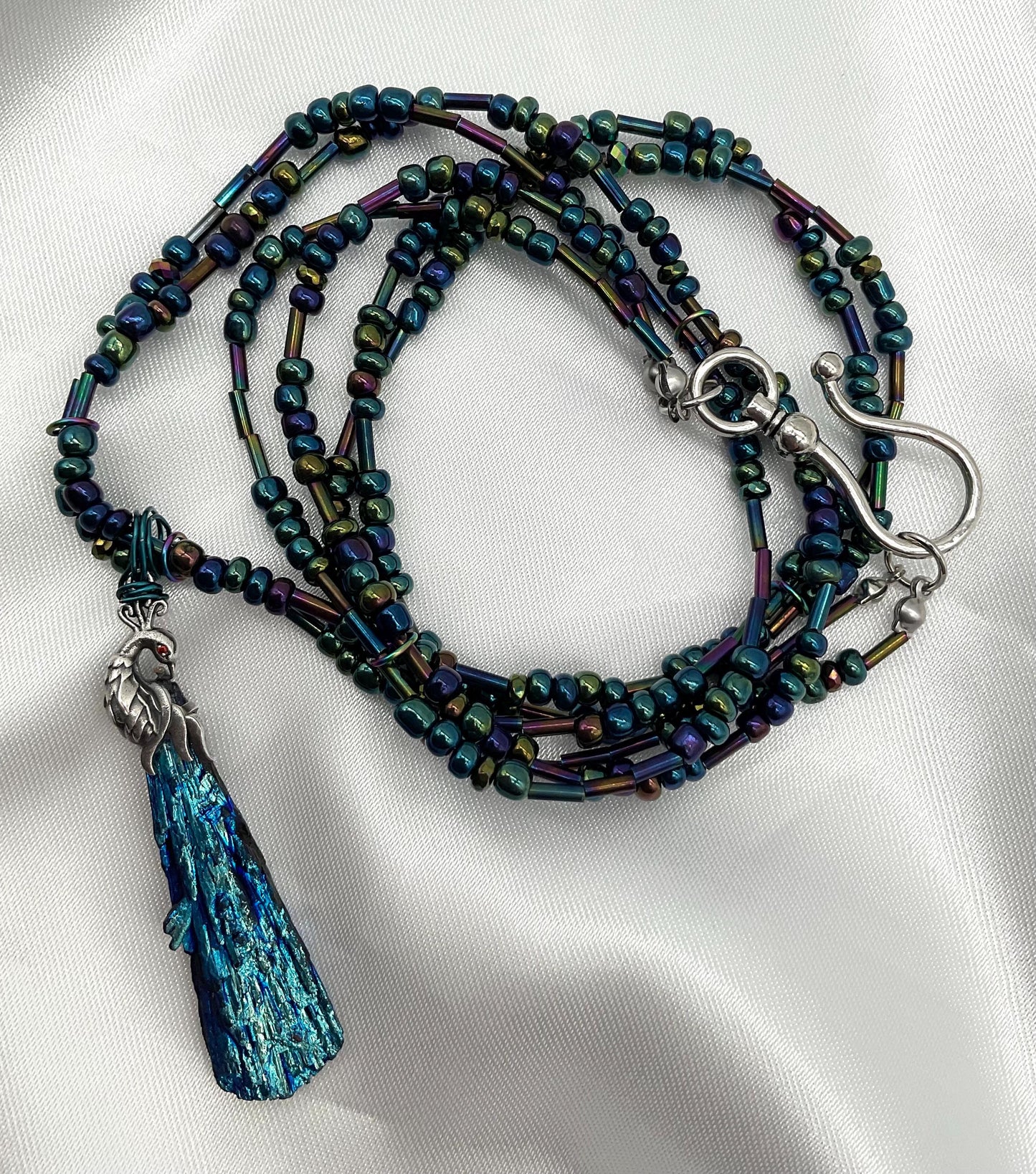 Titanium Wood Irridescent Seed Bead Turquoise Peacock Green Purple Necklace