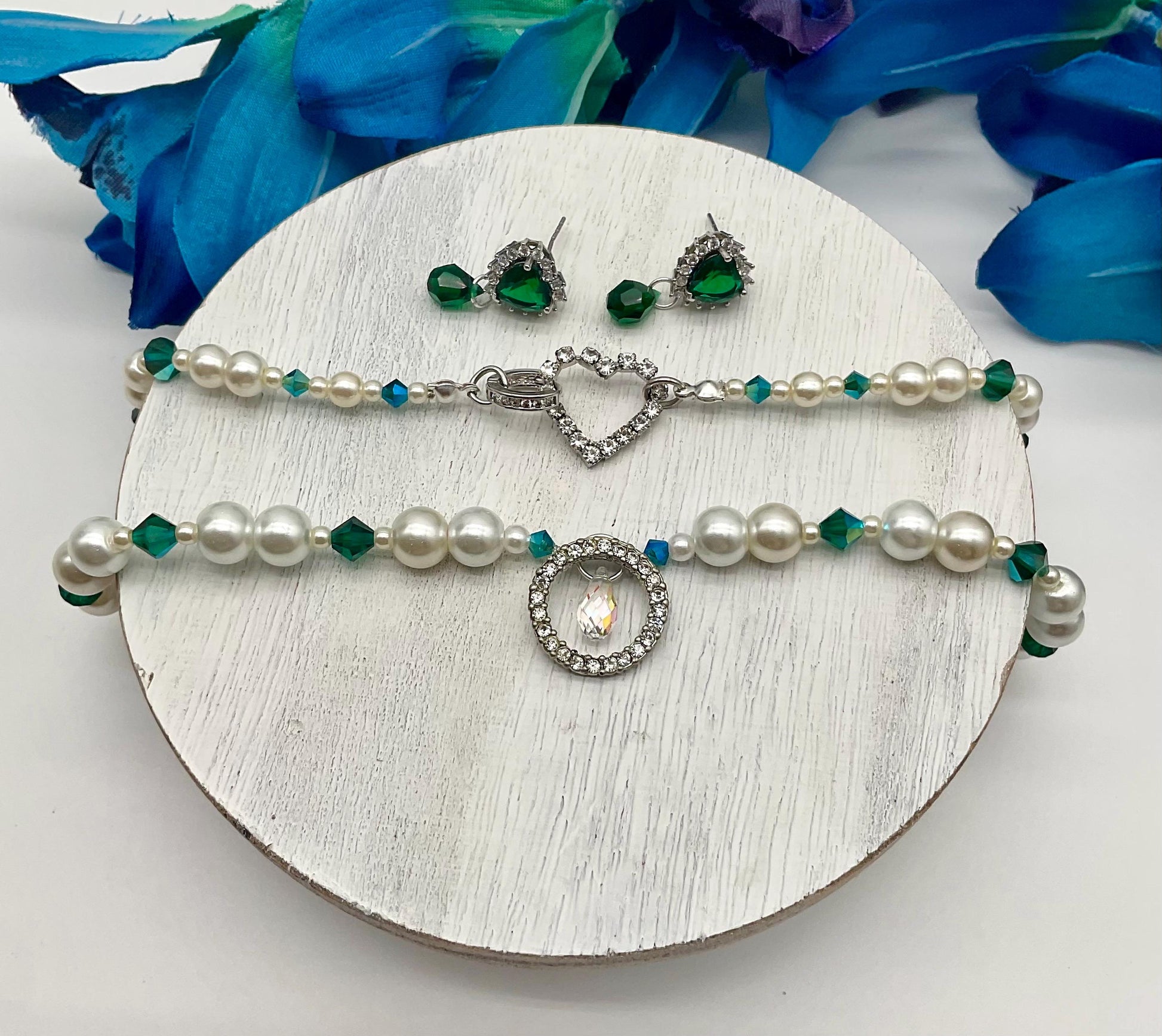 Assorted Colors Crystal and Pearl Necklace with Matching Earrings - Bridal Wedding Prom Formal Jewelry Pink, Lavender, Green, Blue, R. Blue