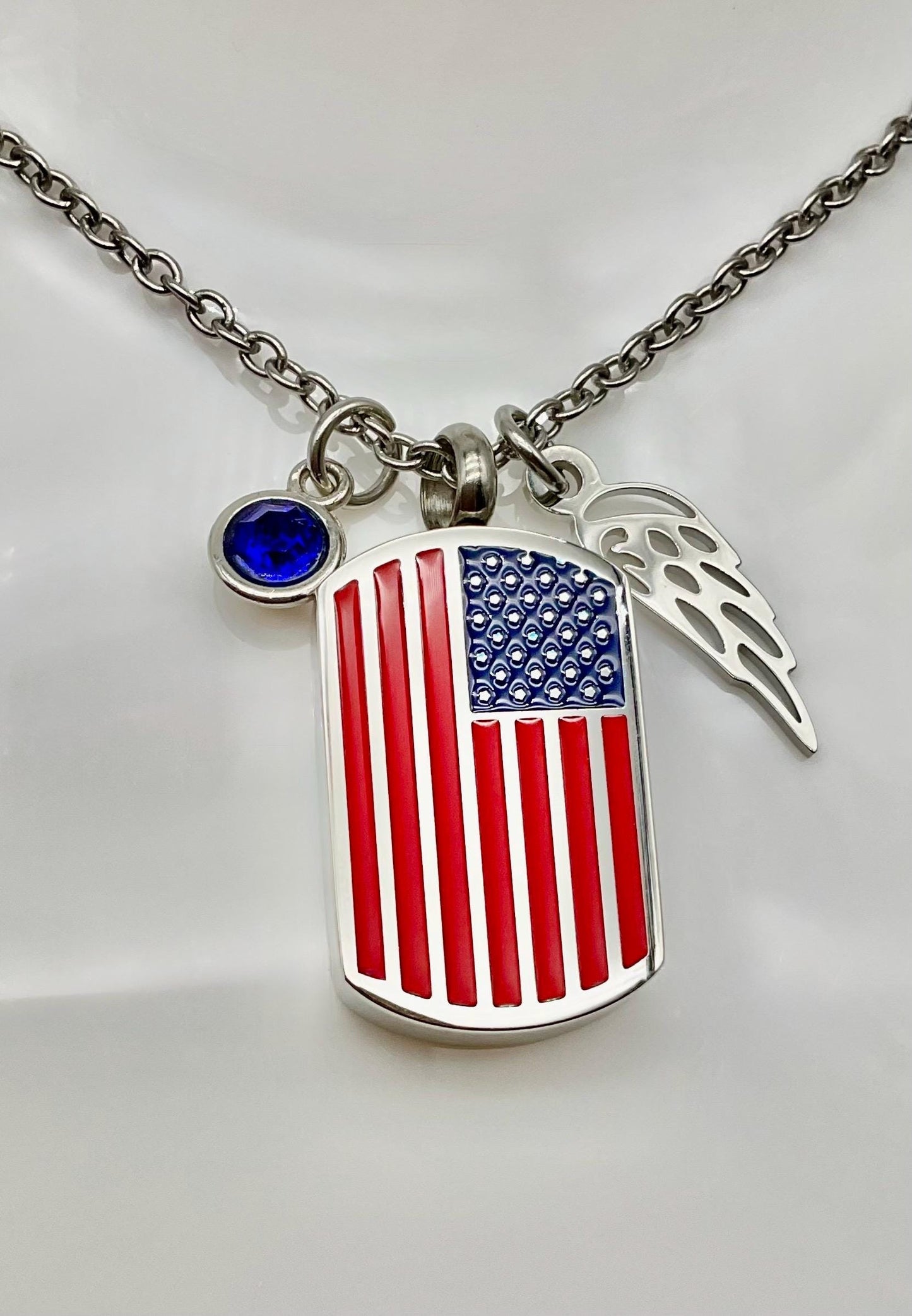 Silver American Flag Ash Urn Necklace with Angel Wing and Birthstone Charm - Personalized Military Funeral Memorial
