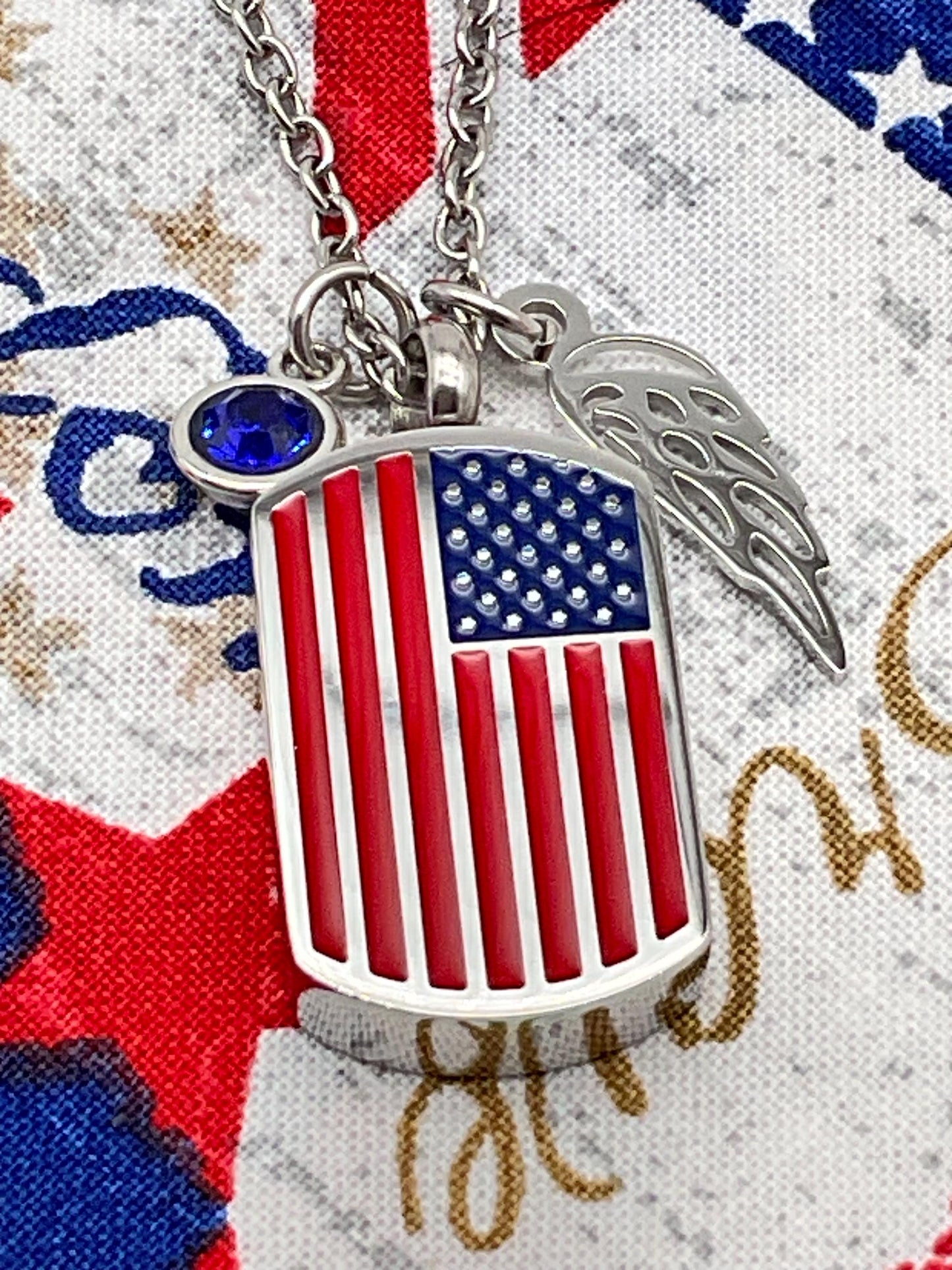 Silver American Flag Ash Urn Necklace with Angel Wing and Birthstone Charm - Personalized Military Funeral Memorial