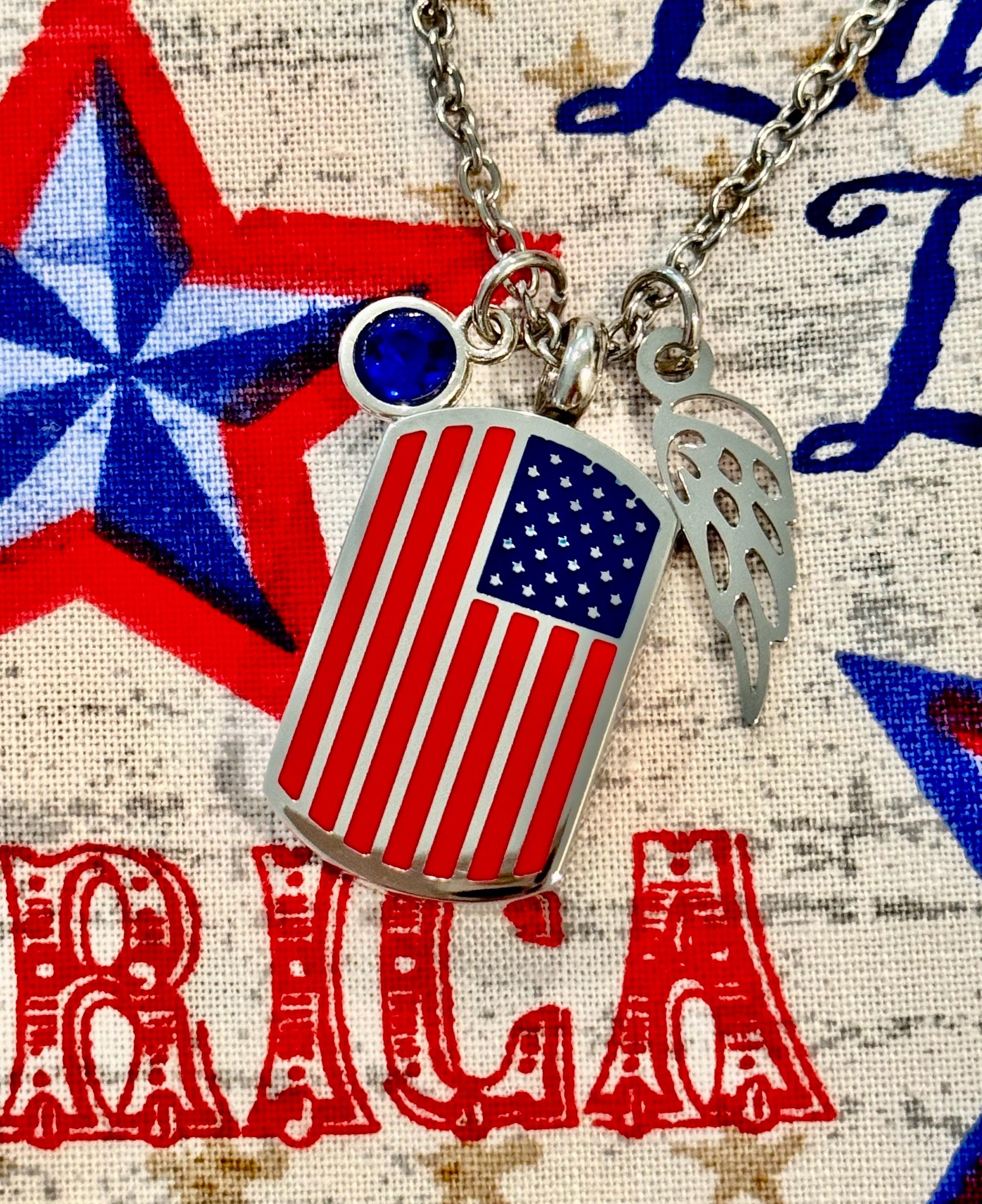 Silver American Flag Ash Urn Necklace with Angel Wing and Birthstone Charm - Personalized Military Funeral Memorial