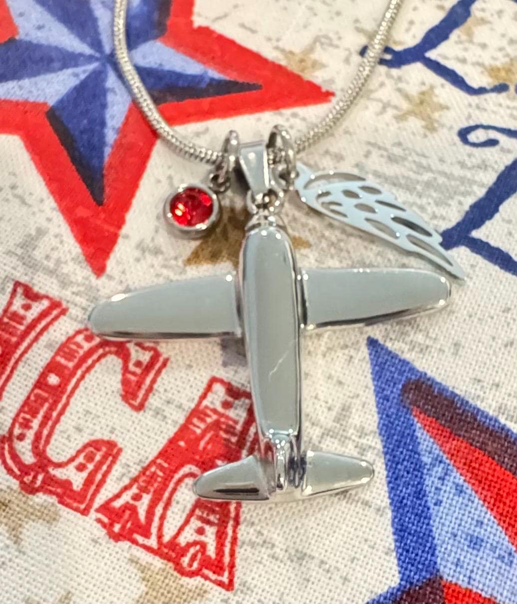 Silver Airplane Pilot Ash Urn Necklace with Angel Wing and Birthstone Charm - Personalize Fly Aviator Urn