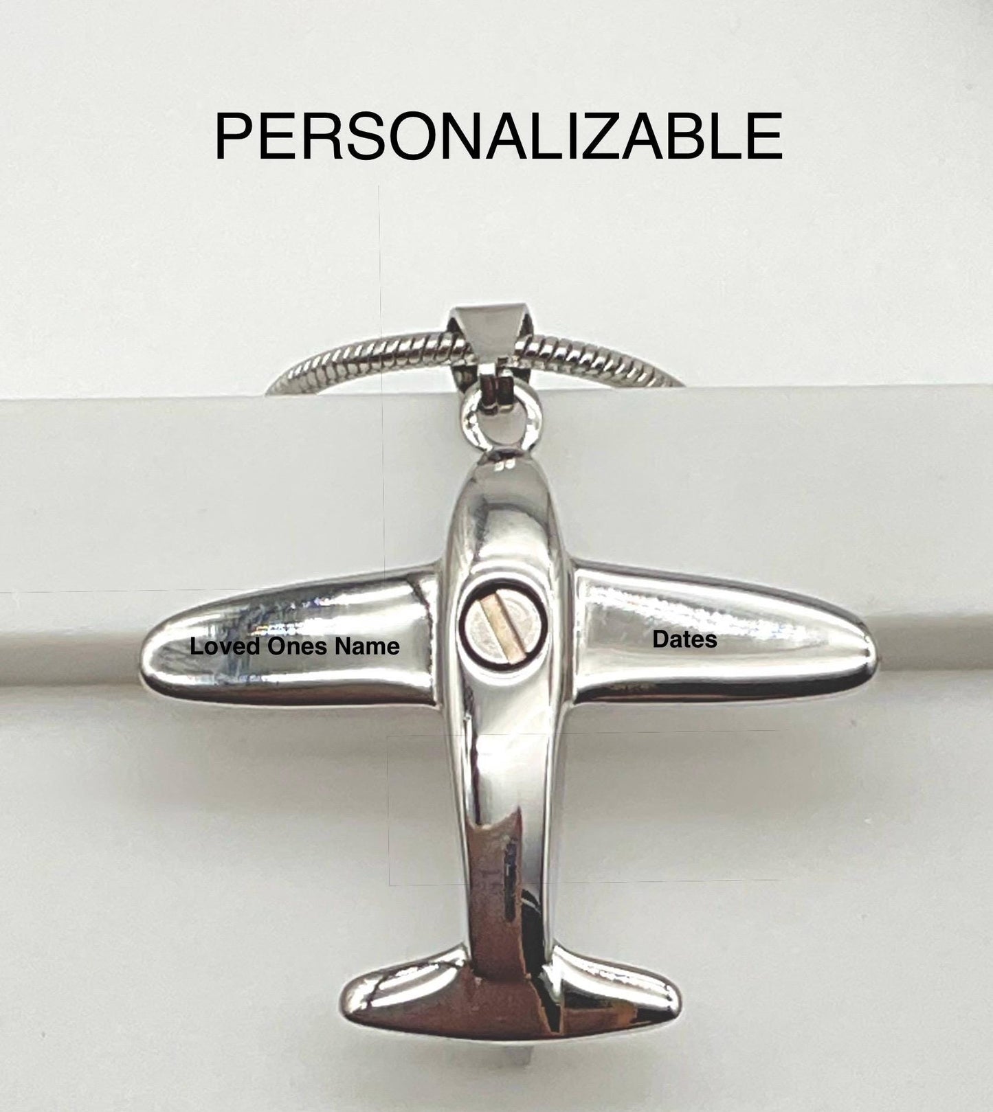 Silver Airplane Pilot Ash Urn Necklace with Angel Wing and Birthstone Charm - Personalize Fly Aviator Urn
