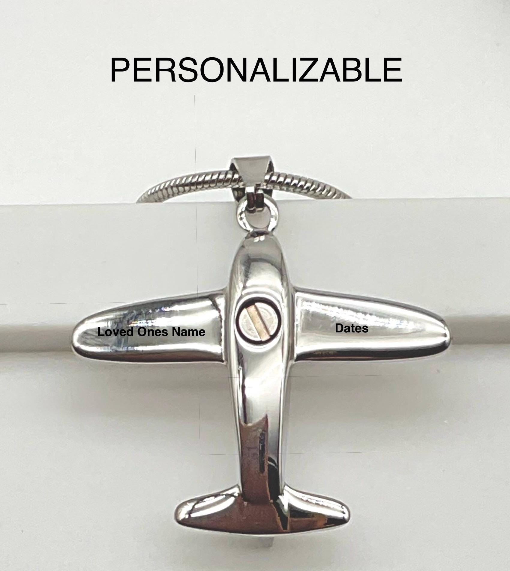 Silver Airplane Pilot Ash Urn Necklace with Angel Wing and Birthstone Charm - Personalize Fly Aviator Urn