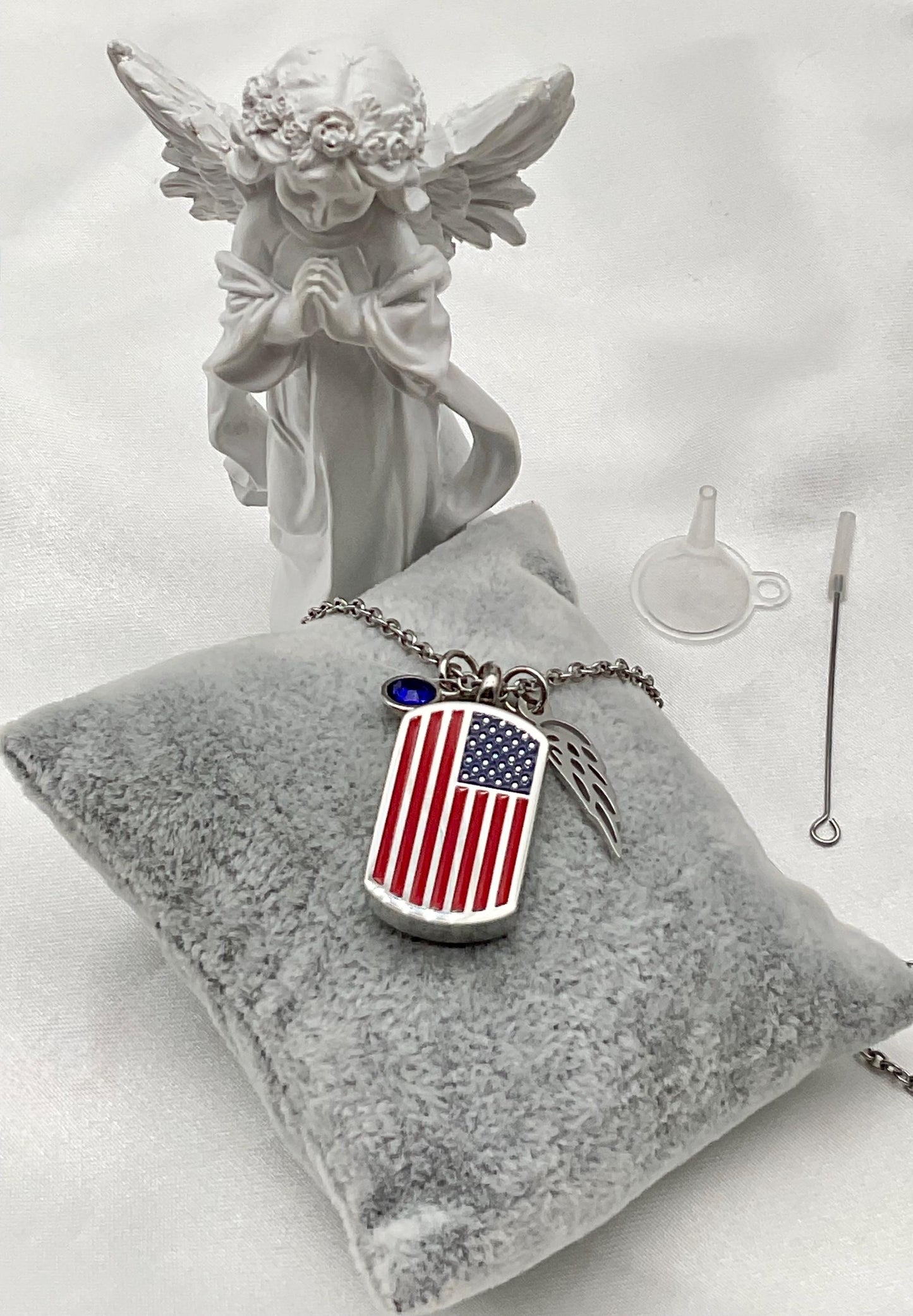 Silver American Flag Ash Urn Necklace with Angel Wing and Birthstone Charm - Personalized Military Funeral Memorial
