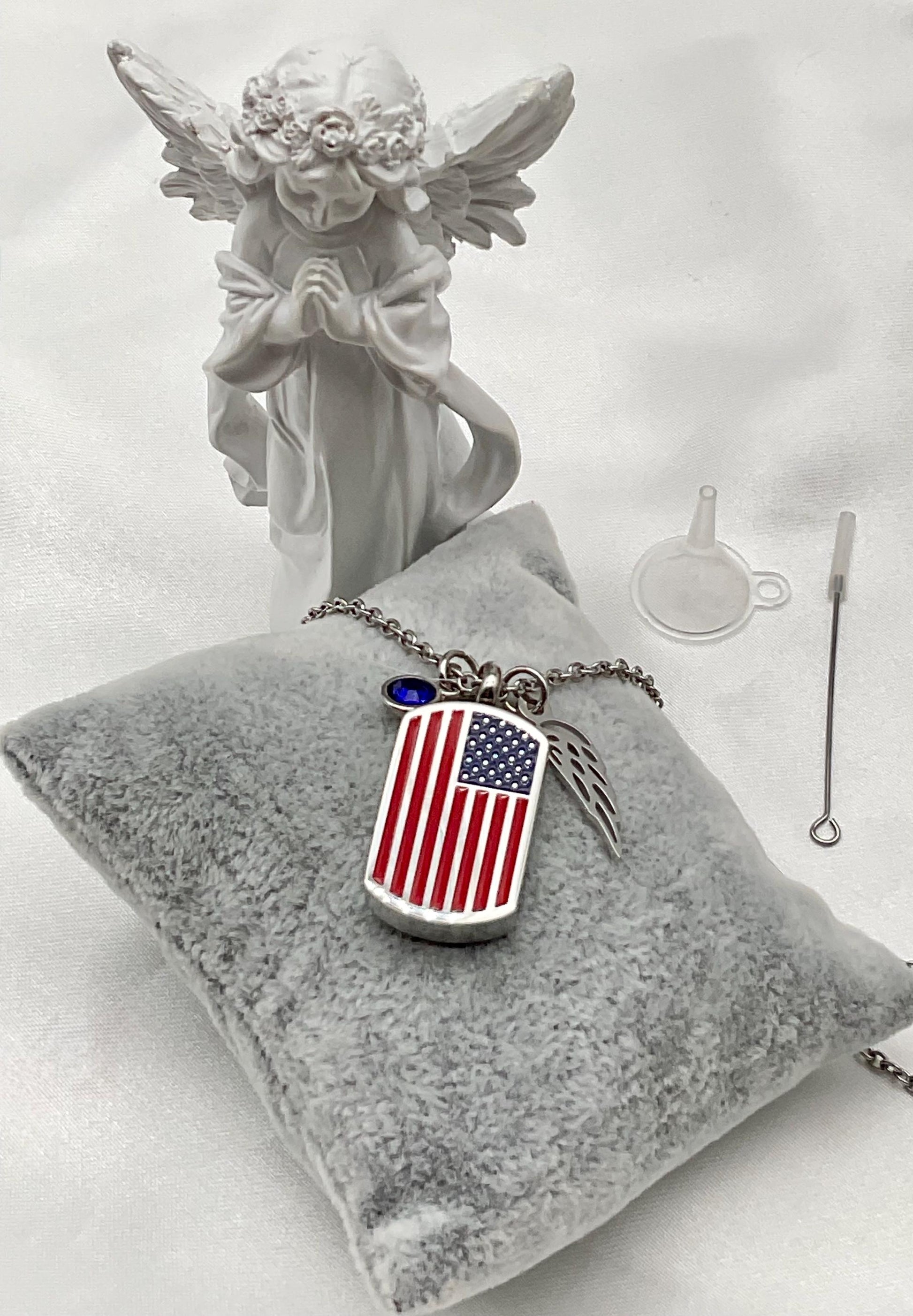 Silver American Flag Ash Urn Necklace with Angel Wing and Birthstone Charm - Personalized Military Funeral Memorial