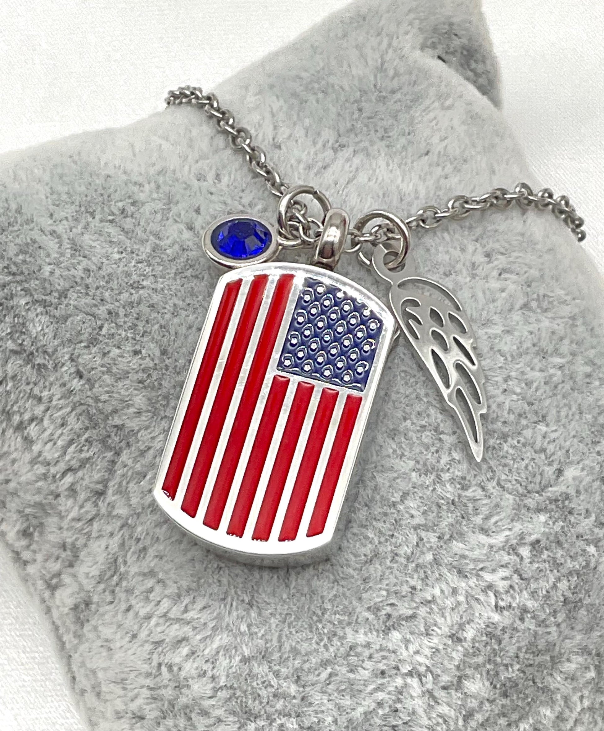 Silver American Flag Ash Urn Necklace with Angel Wing and Birthstone Charm - Personalized Military Funeral Memorial