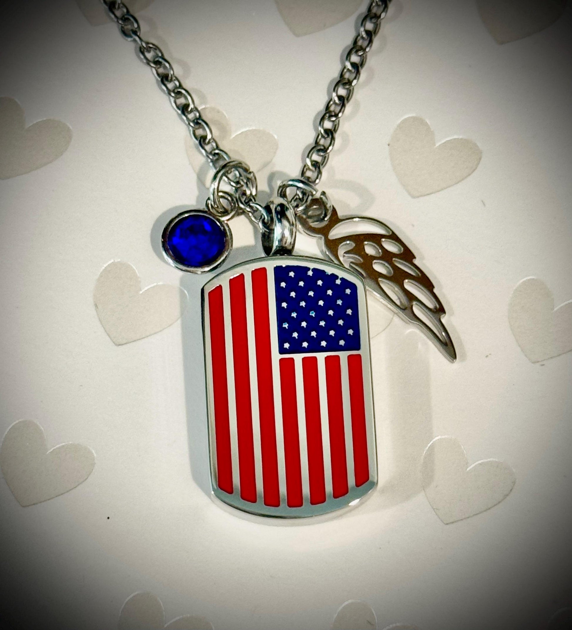 Silver American Flag Ash Urn Necklace with Angel Wing and Birthstone Charm - Personalized Military Funeral Memorial