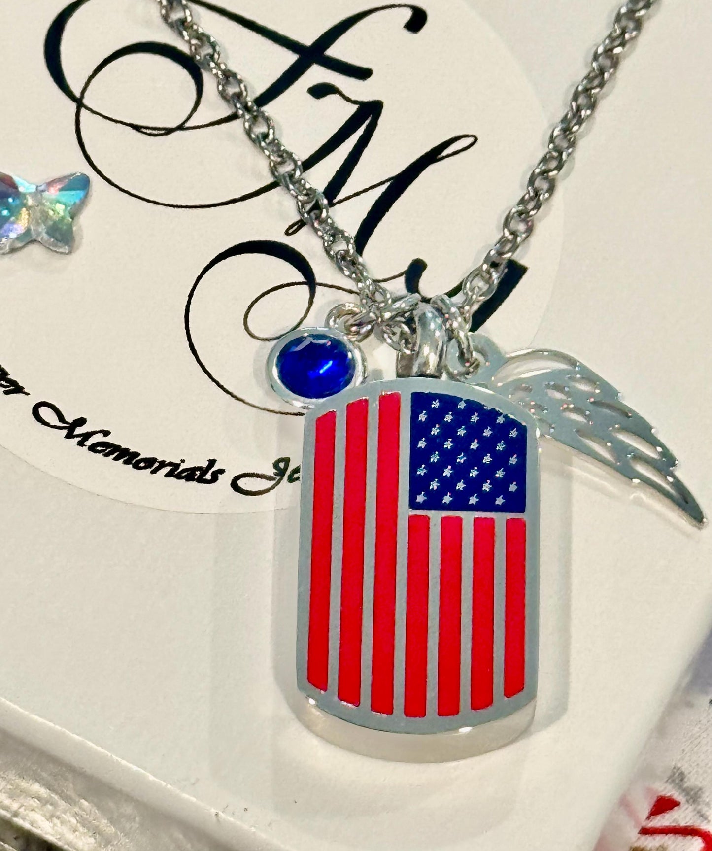 Silver American Flag Ash Urn Necklace with Angel Wing and Birthstone Charm - Personalized Military Funeral Memorial