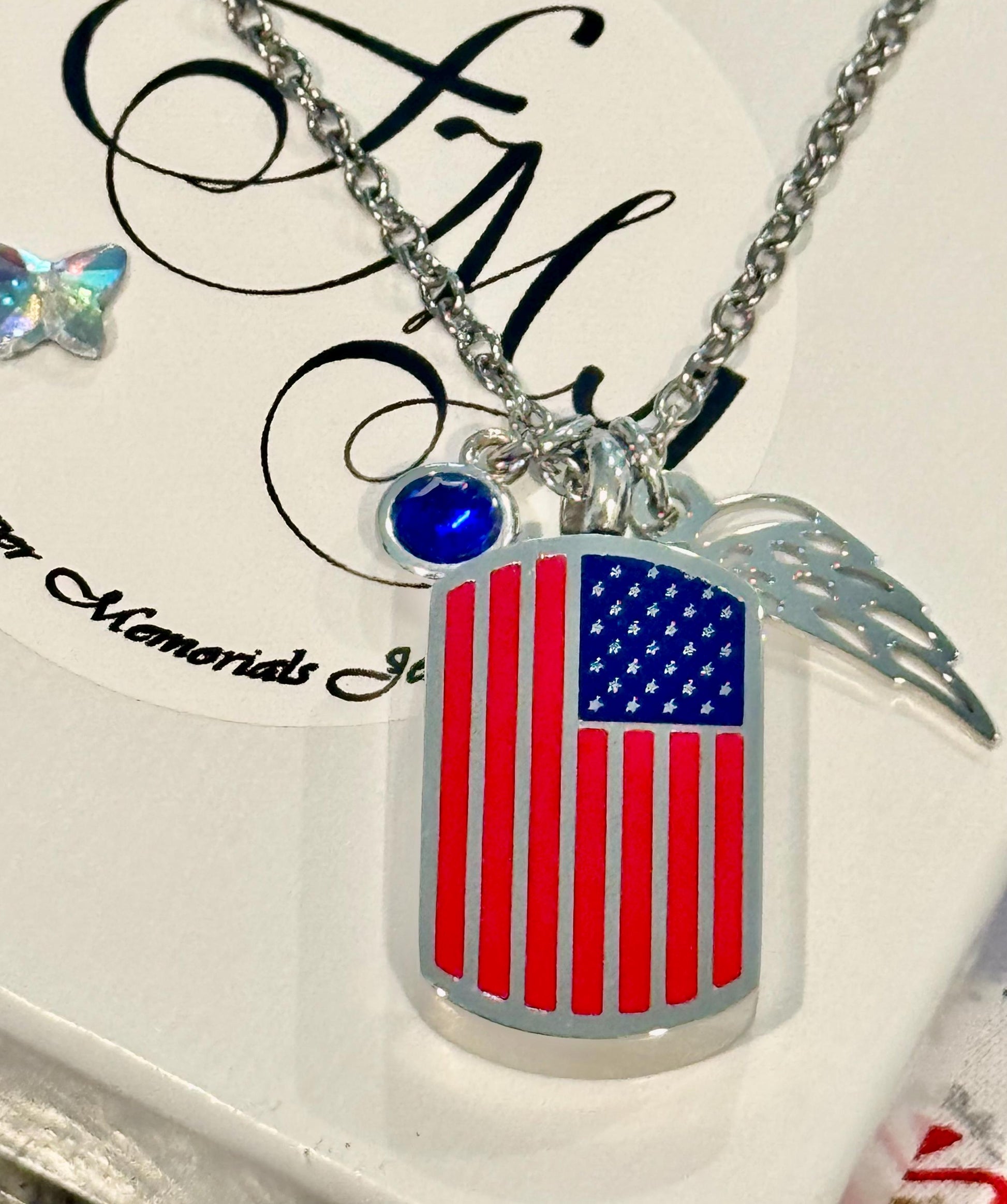 Silver American Flag Ash Urn Necklace with Angel Wing and Birthstone Charm - Personalized Military Funeral Memorial