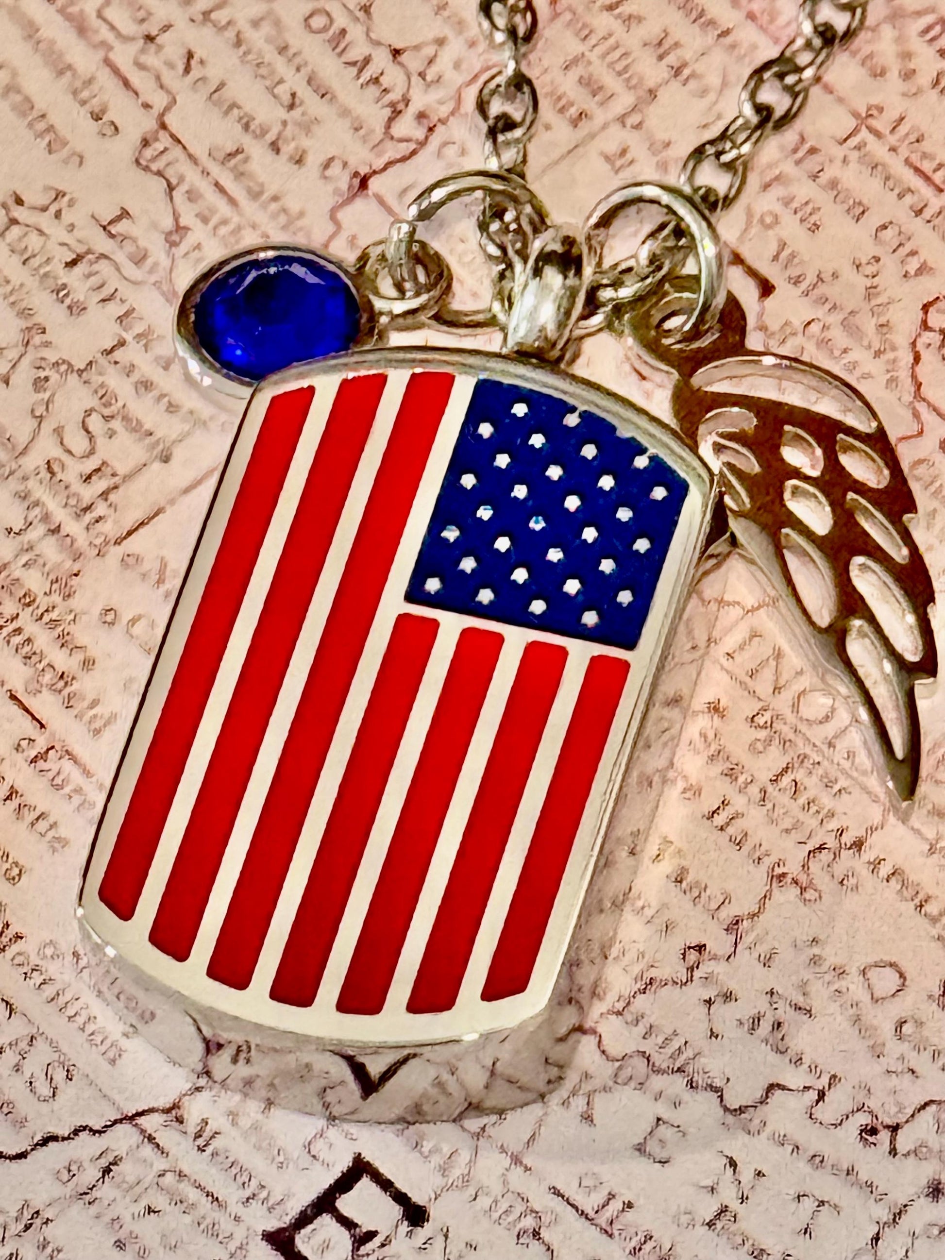 Silver American Flag Ash Urn Necklace with Angel Wing and Birthstone Charm - Personalized Military Funeral Memorial