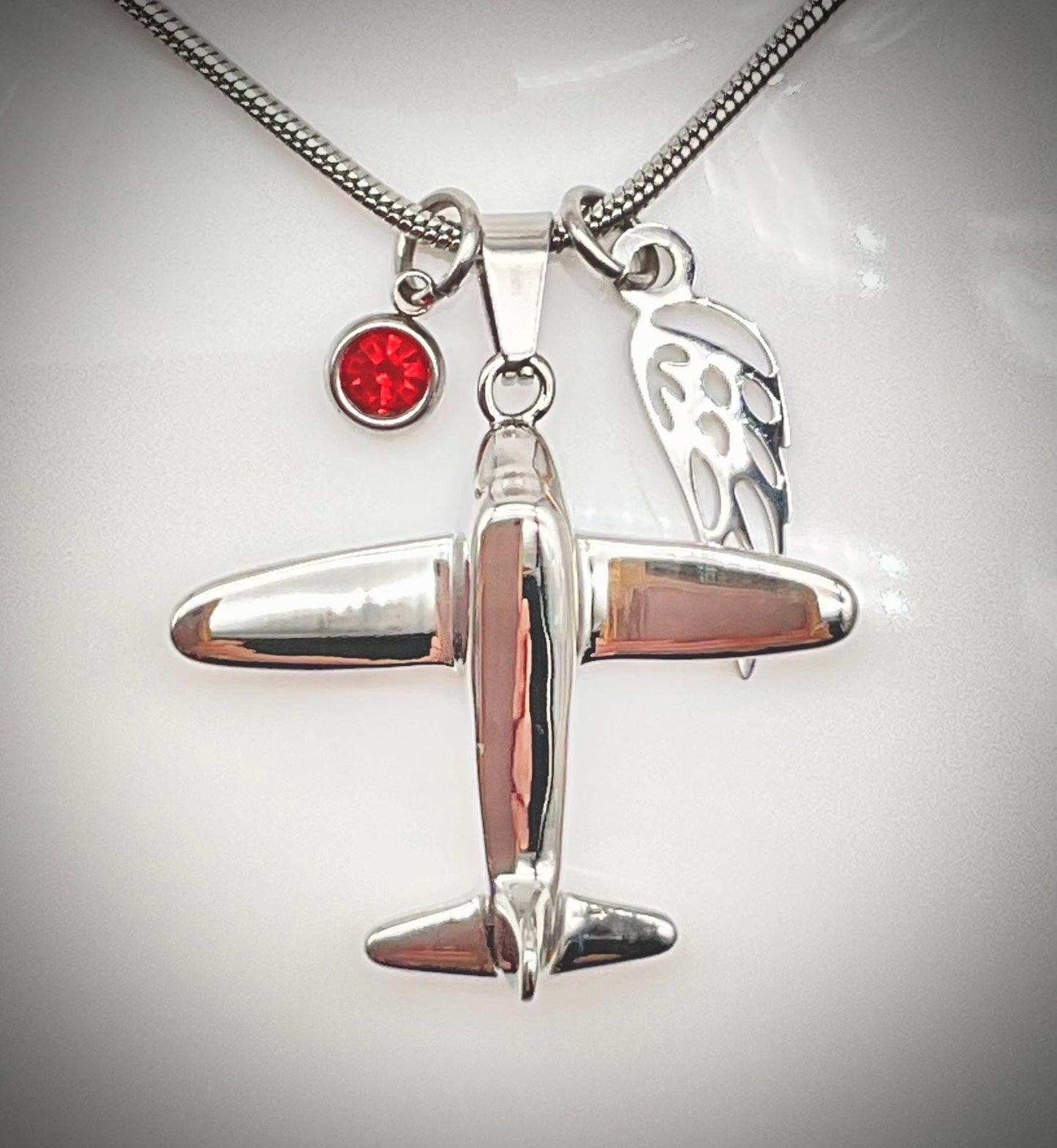 Silver Airplane Pilot Ash Urn Necklace with Angel Wing and Birthstone Charm - Personalize Fly Aviator Urn
