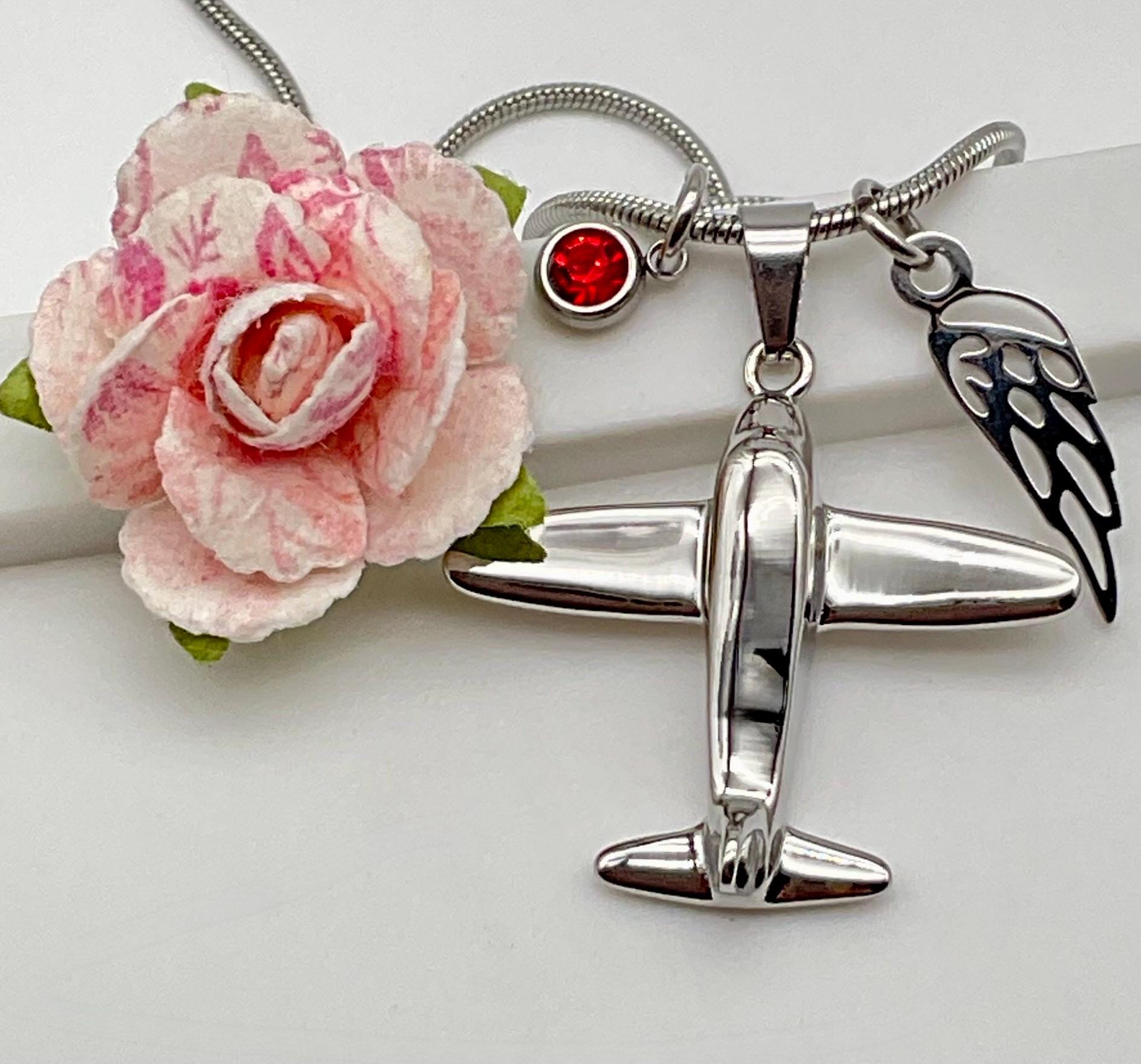 Silver Airplane Pilot Ash Urn Necklace with Angel Wing and Birthstone Charm - Personalize Fly Aviator Urn