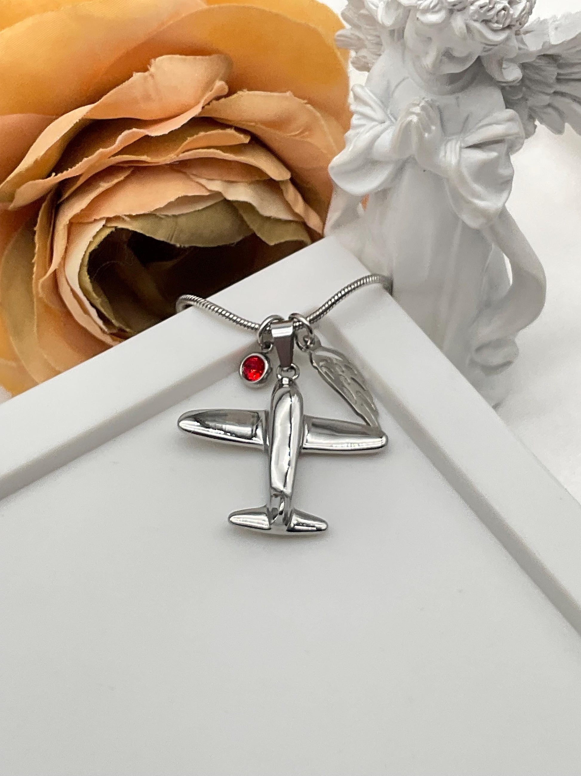 Silver Airplane Pilot Ash Urn Necklace with Angel Wing and Birthstone Charm - Personalize Fly Aviator Urn