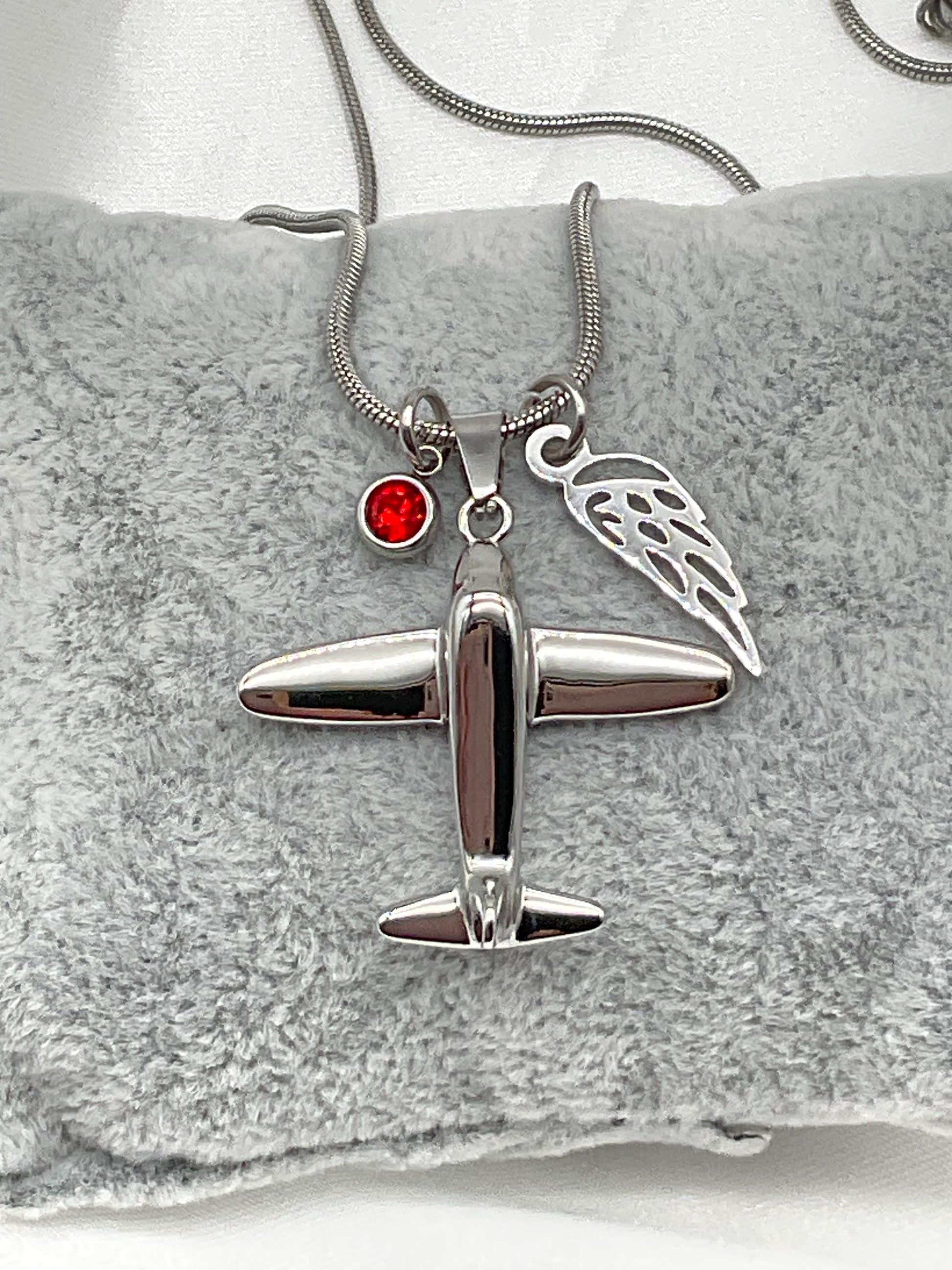 Silver Airplane Pilot Ash Urn Necklace with Angel Wing and Birthstone Charm - Personalize Fly Aviator Urn