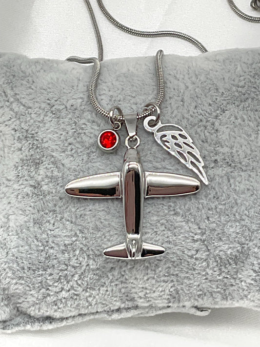 Silver Airplane Pilot Ash Urn Necklace with Angel Wing and Birthstone Charm - Personalize Fly Aviator Urn
