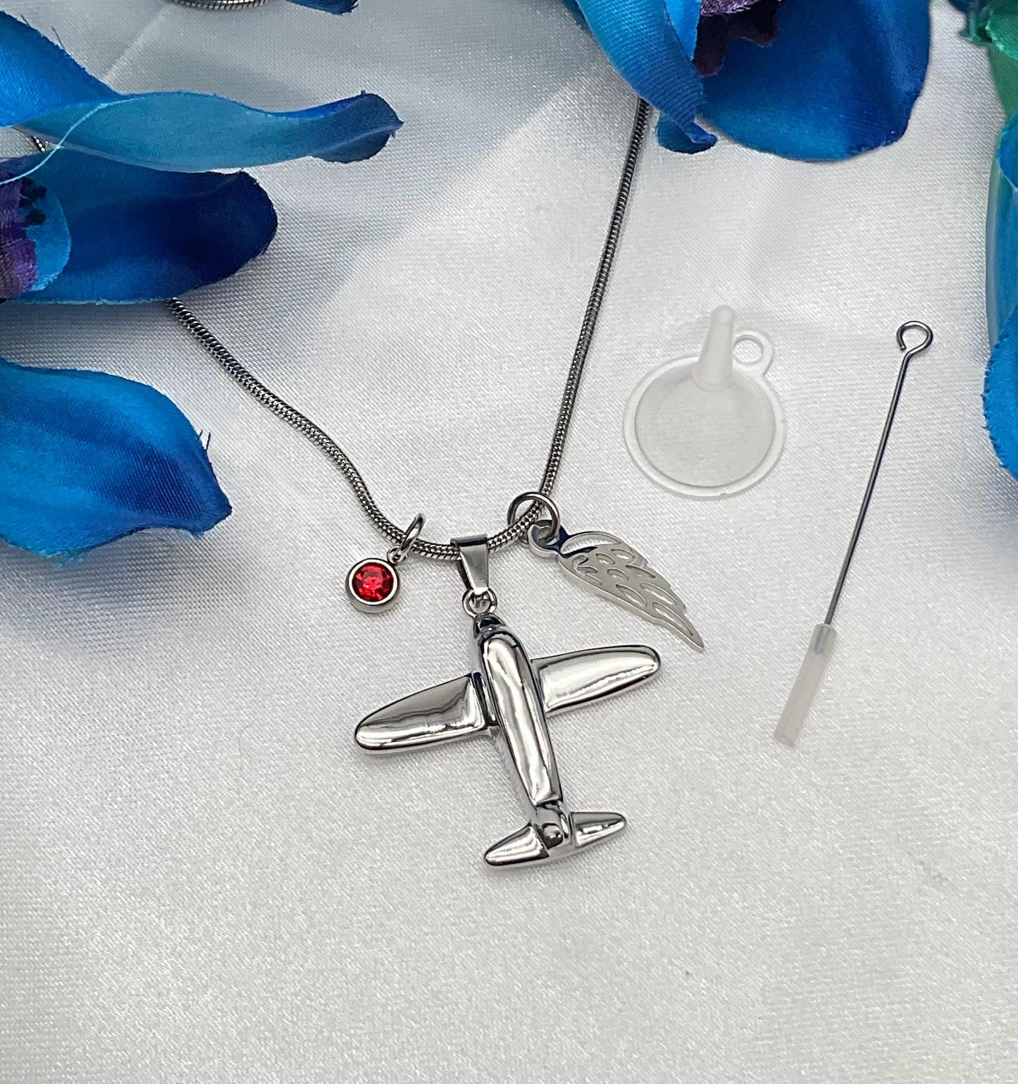 Silver Airplane Pilot Ash Urn Necklace with Angel Wing and Birthstone Charm - Personalize Fly Aviator Urn