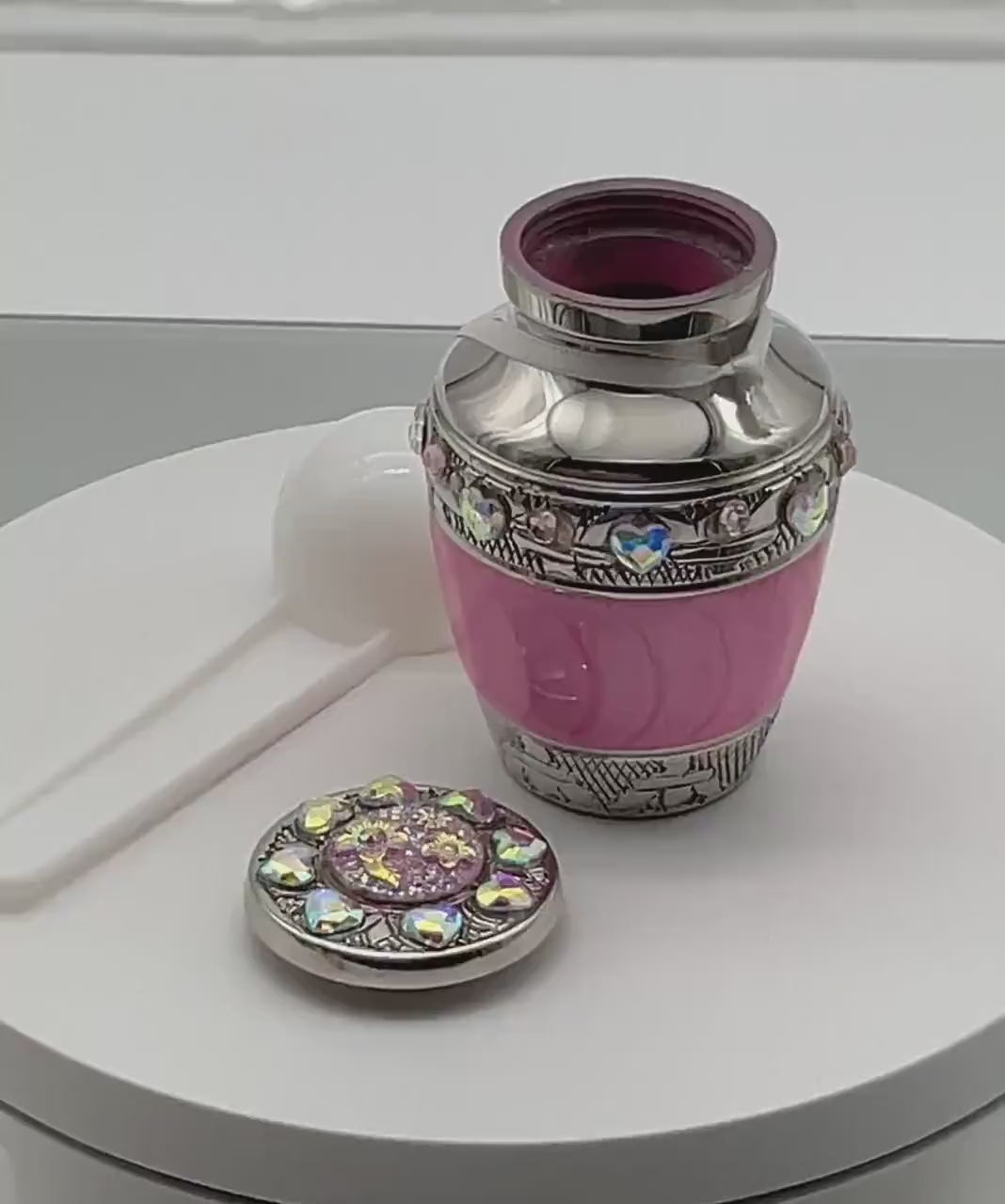 Pink Memorial Cremation Funeral Ash Urn with Charm, Stainless Steel Heart Charm with Birthstone