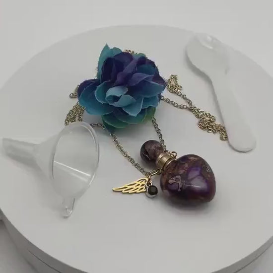 Natural Stone Purple with Gold Accents Ash Urn Necklace with Birthstone and Angel Wing Charm - Funeral Memorial Jewelry