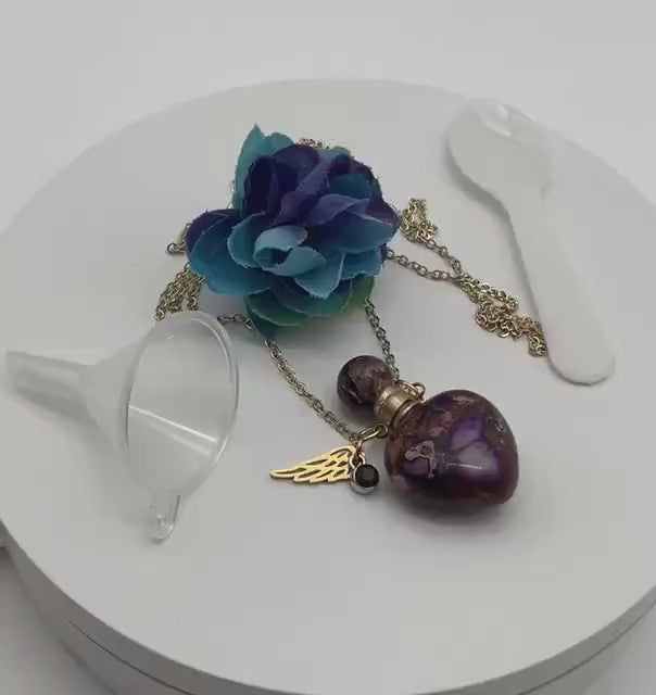 Natural Stone Purple with Gold Accents Ash Urn Necklace with Birthstone and Angel Wing Charm - Funeral Memorial Jewelry