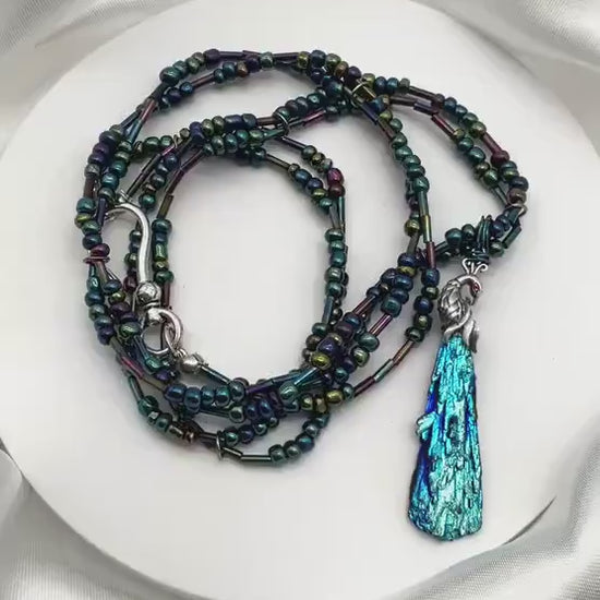 Titanium Wood Irridescent Seed Bead Turquoise Peacock Green Purple Necklace