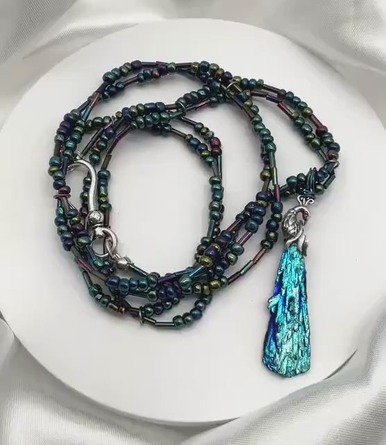 Titanium Wood Irridescent Seed Bead Turquoise Peacock Green Purple Necklace