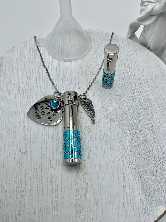 Blue Light Blue Tiffany Blue Ash Urn Necklace Charm Birthstone with Personalization for Male or Female Funeral Memorial
