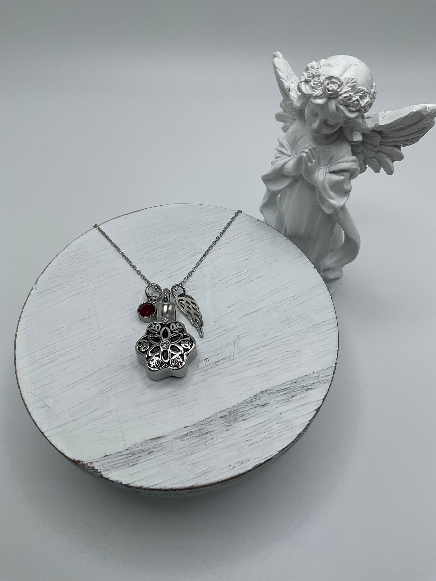 Silver Flower Ash Urn Necklace Jewelry Charm Birthstone with Personalization for Male or Female Funeral Memorial