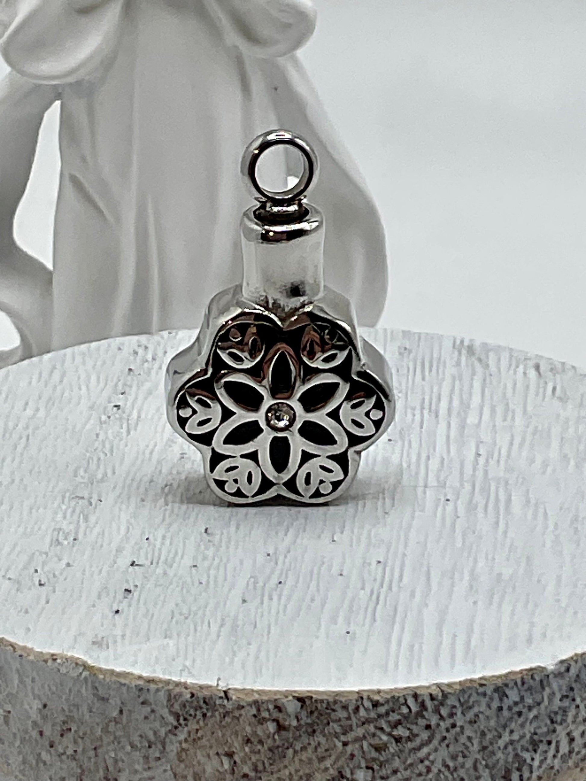 Silver Flower Ash Urn Necklace Jewelry Charm Birthstone with Personalization for Male or Female Funeral Memorial