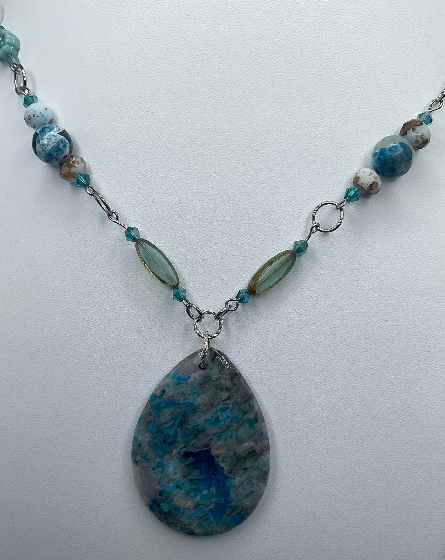 Teal Agate Natural Stone 24” Necklace with Teardrop Pendent